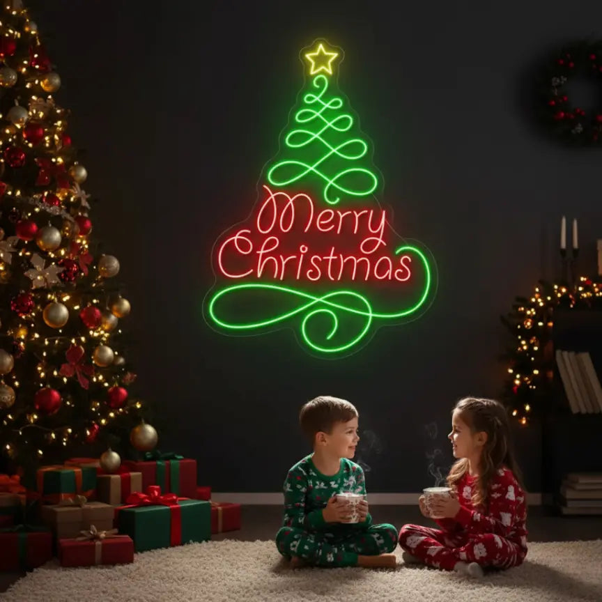 Photo of the 'Merry Christmas in Pine Tree' neon sign glowing in multicolor against a styled interior wall.