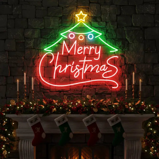 Photo of the 'Merry Christmas V4' neon sign glowing in multicolor against a styled interior wall.
