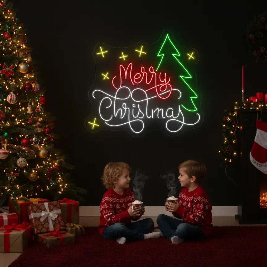 Photo of the 'Merry Christmas V7' neon sign glowing in multicolor against a styled interior wall.