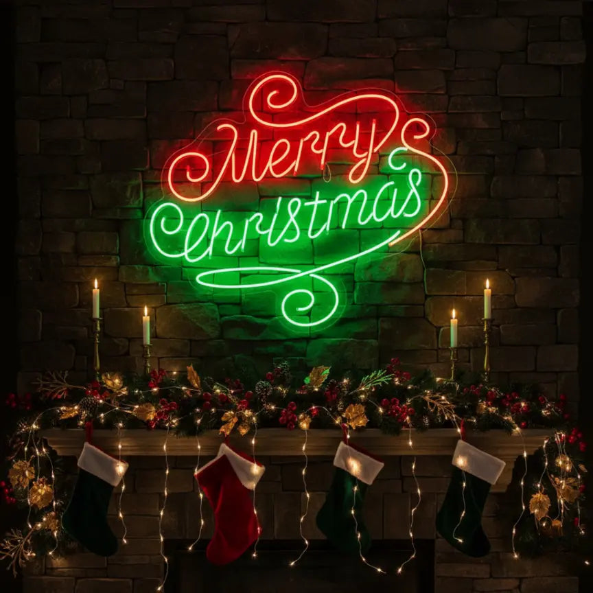 Photo of the 'Merry Christmas V9' neon sign glowing in multicolor against a styled interior wall.