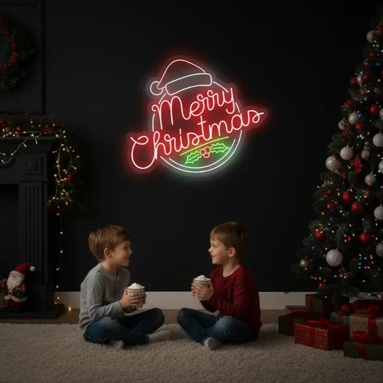 Photo of the 'Merry Christmas with Santa Hat' neon sign glowing against a styled interior wall.