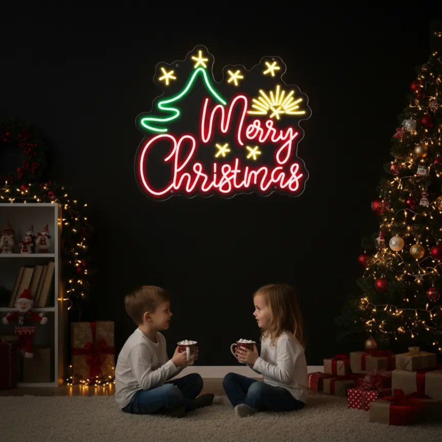 Merry Christmas with Tree and Stars Neon Sign