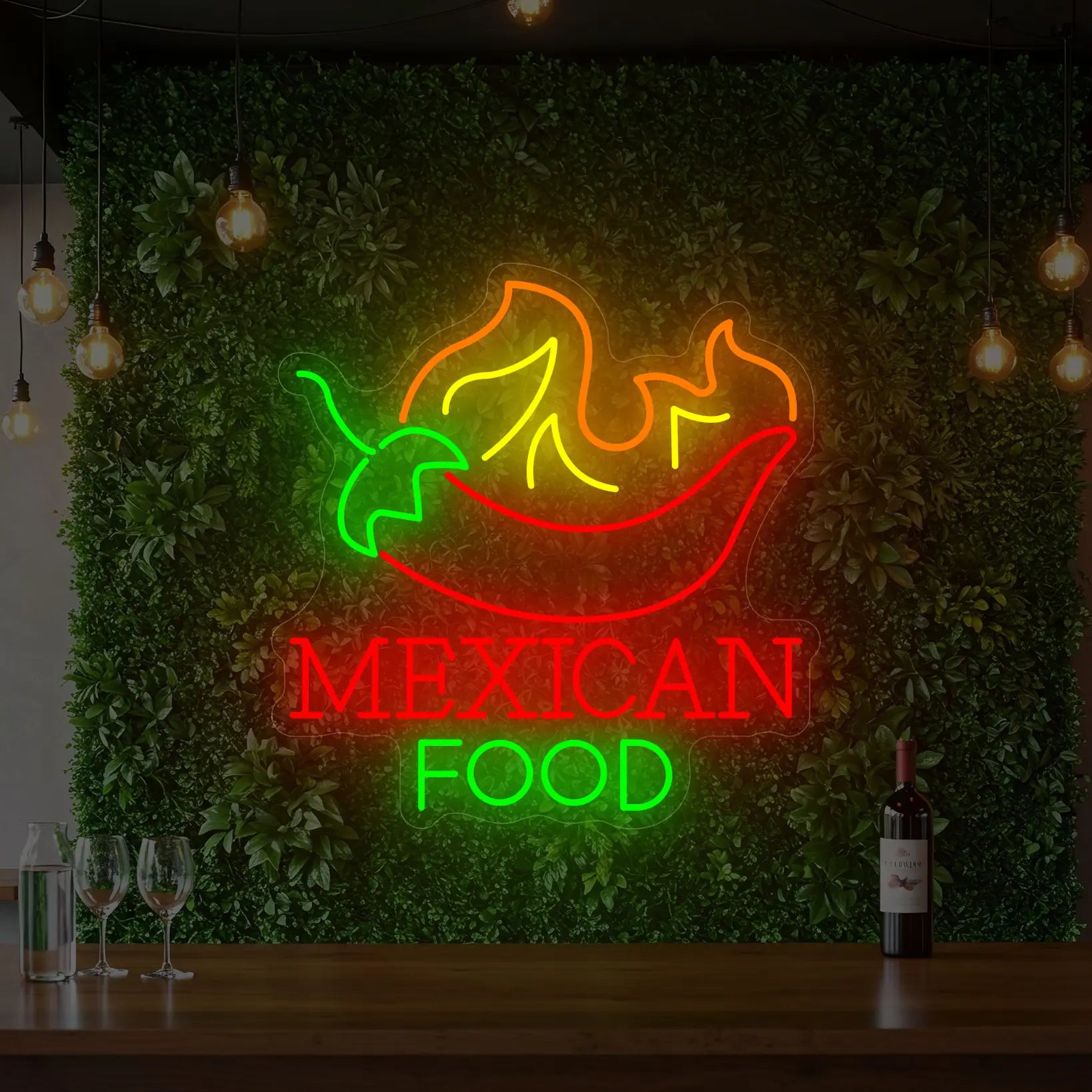 Photo of the 'MEXICAN FOOD' neon sign glowing in multi-color against a styled interior wall.