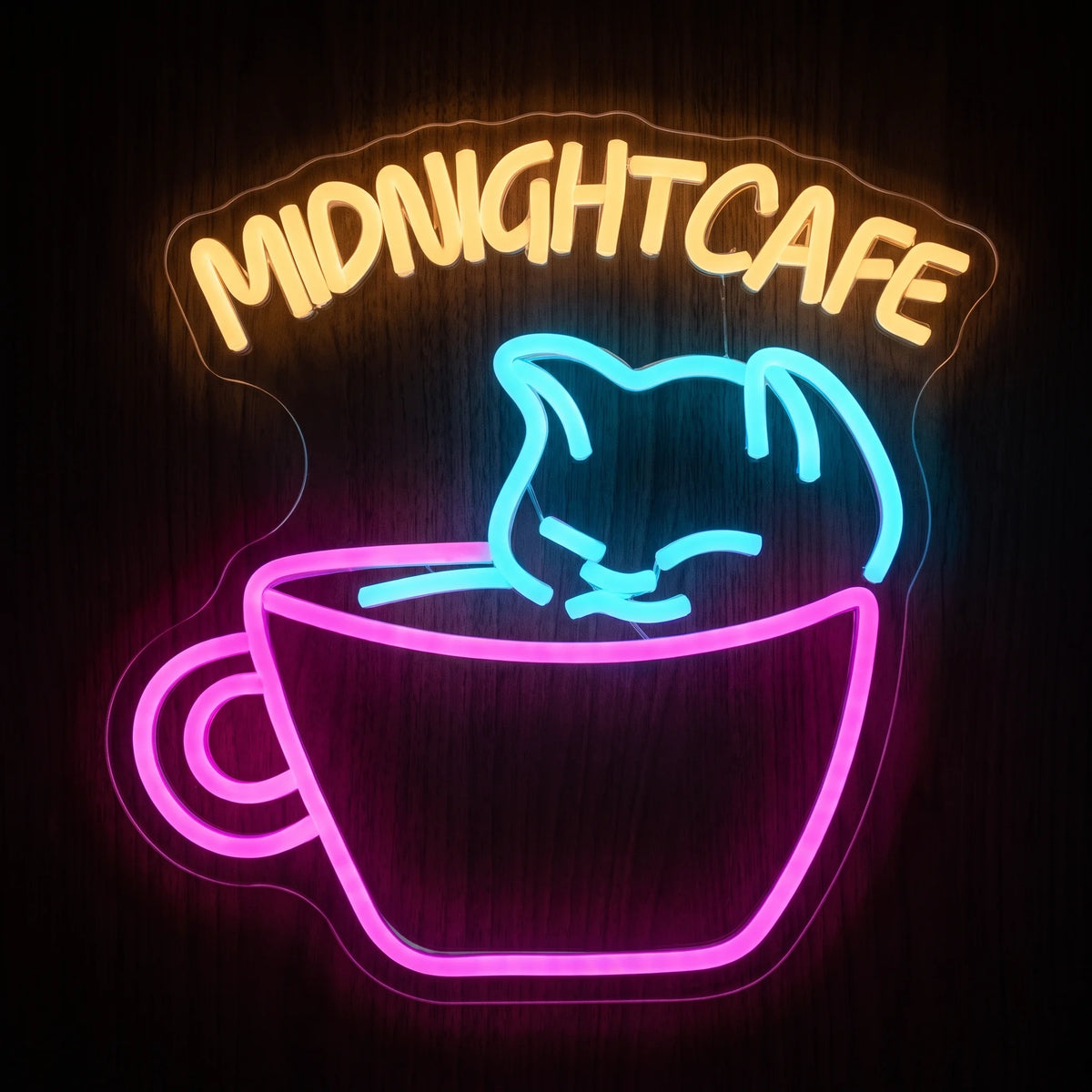 Midnight Cafe Cat LED Neon Sign featuring a blue cat peeking from a pink coffee cup with warm yellow Midnight Cafe lettering.