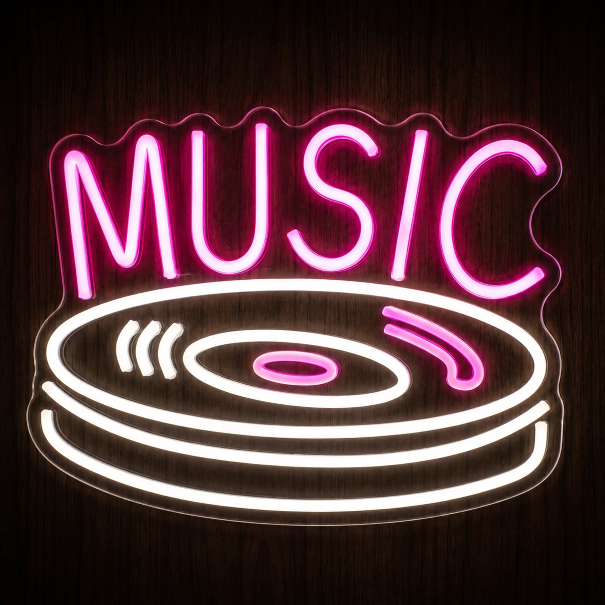 Music vinyl record LED neon sign with pink and white illumination on clear acrylic backing.