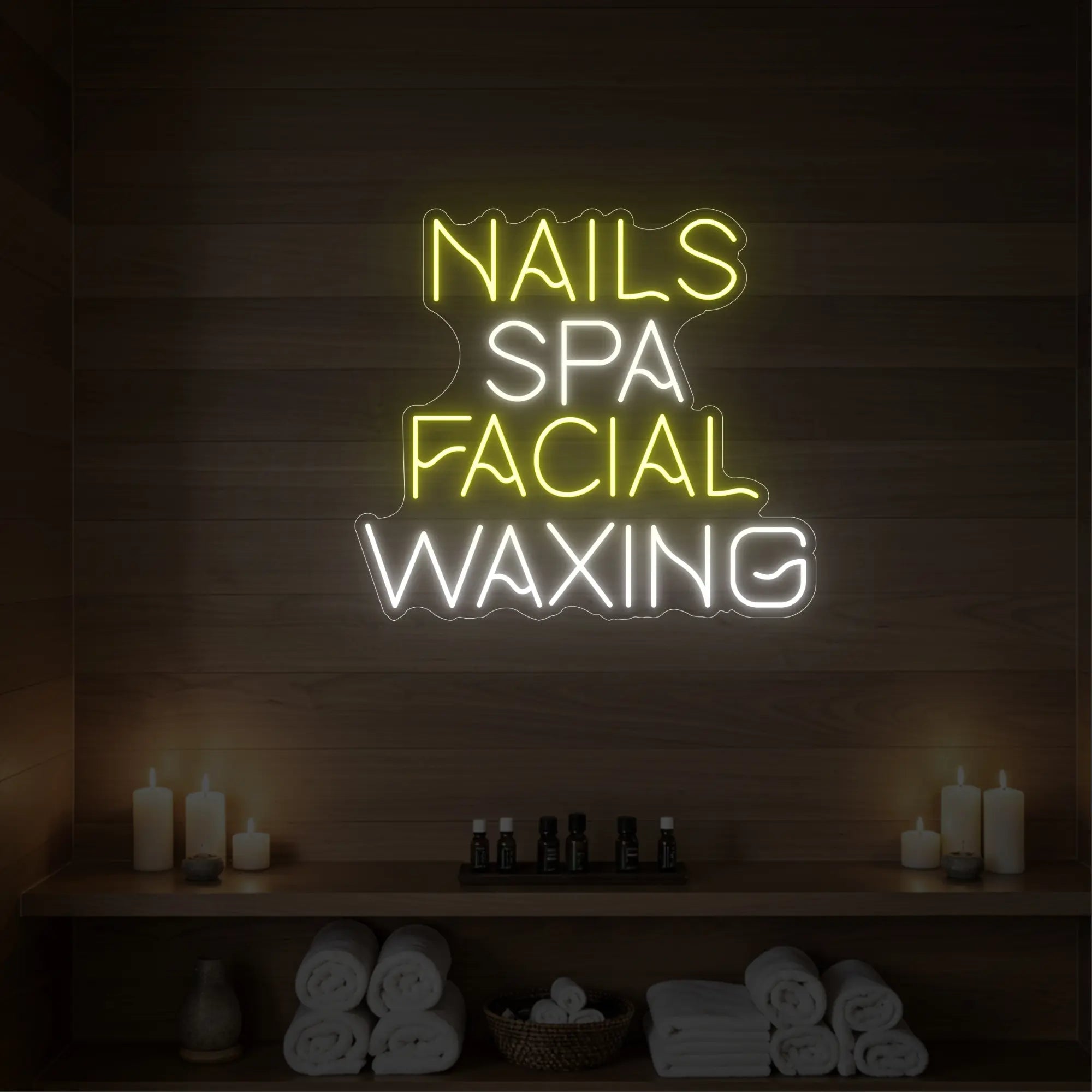 Photo of the 'Nails Spa Facial Waxing' neon sign glowing in lemon yellow against a styled interior wall.