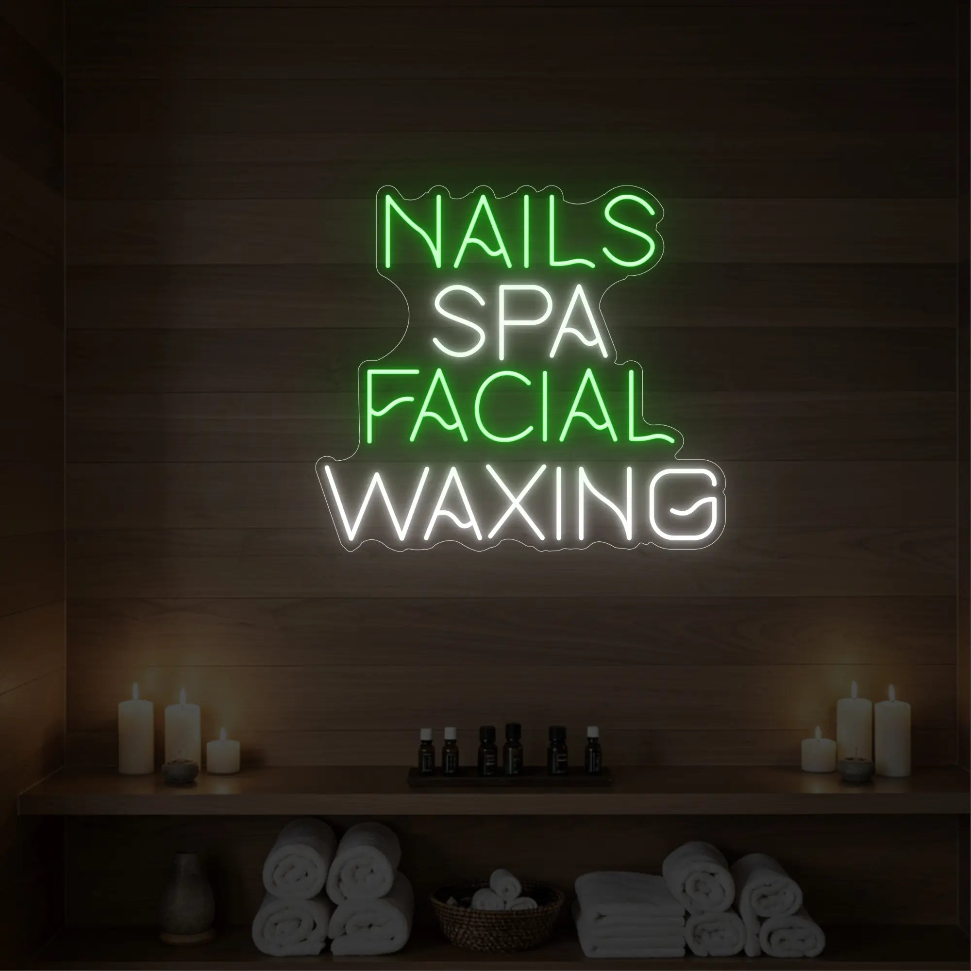 Photo of the 'Nails Spa Facial Waxing' neon sign glowing in green against a styled interior wall.