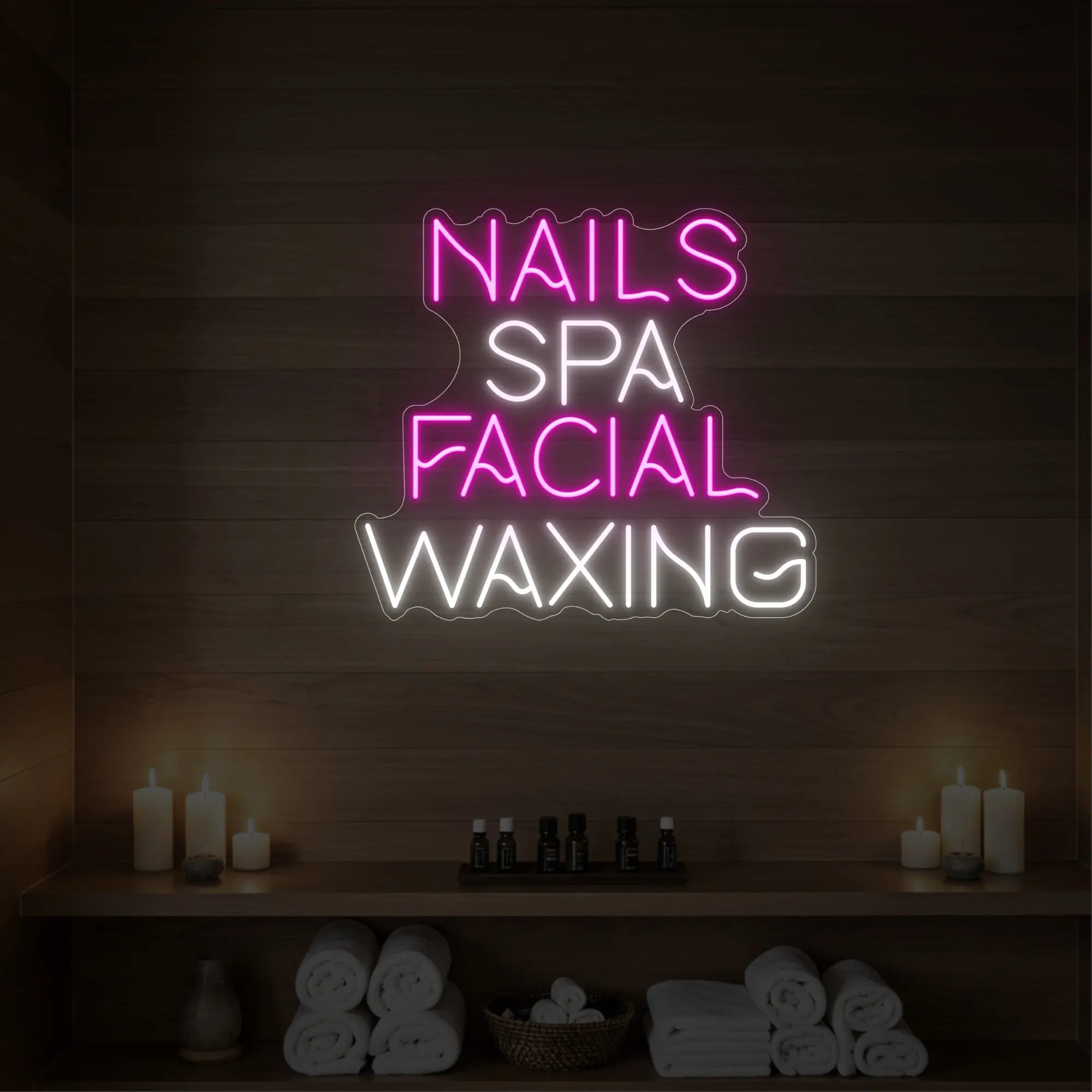 Photo of the 'Nails Spa Facial Waxing' neon sign glowing in light pink against a styled interior wall.