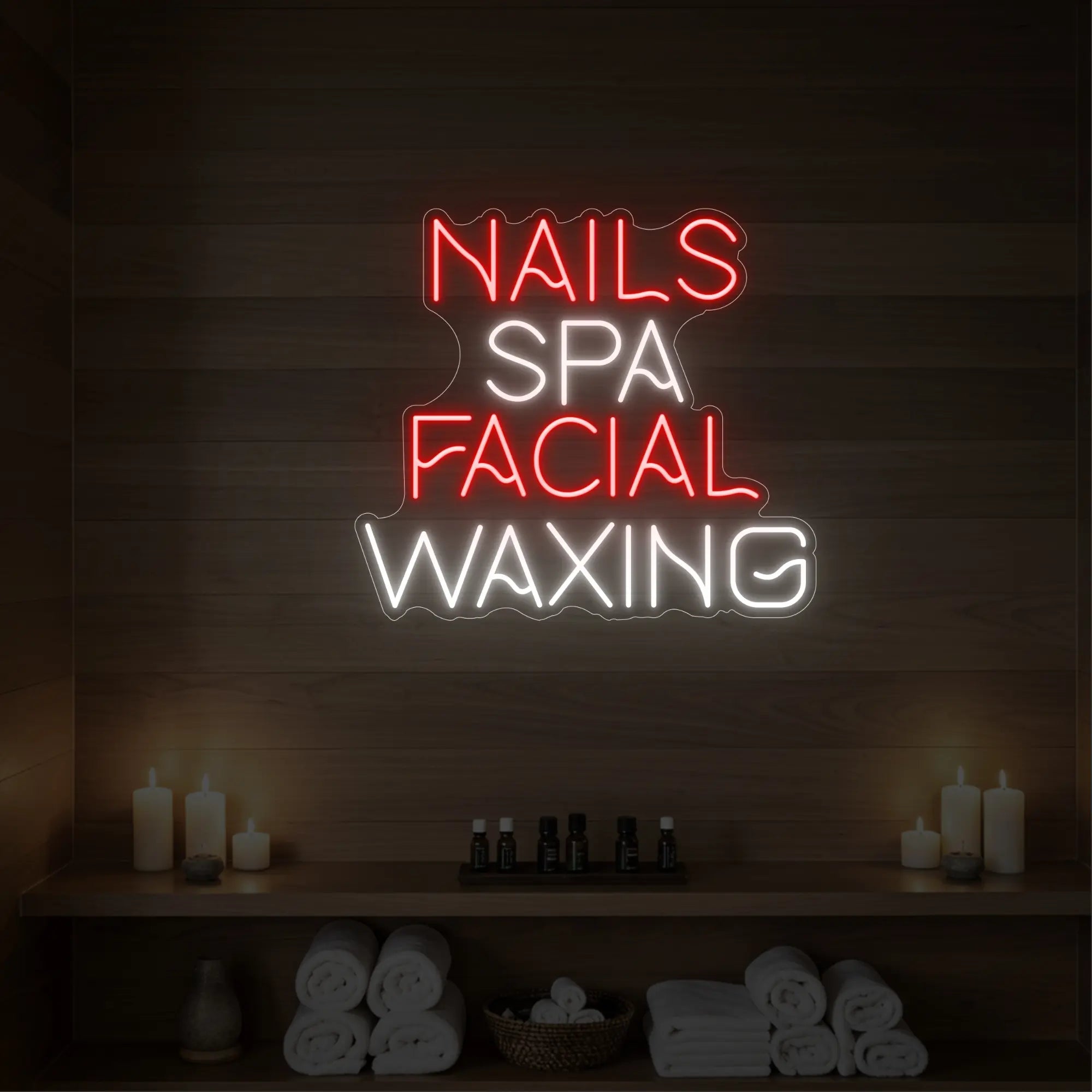 Photo of the 'Nails Spa Facial Waxing' neon sign glowing in red against a styled interior wall.