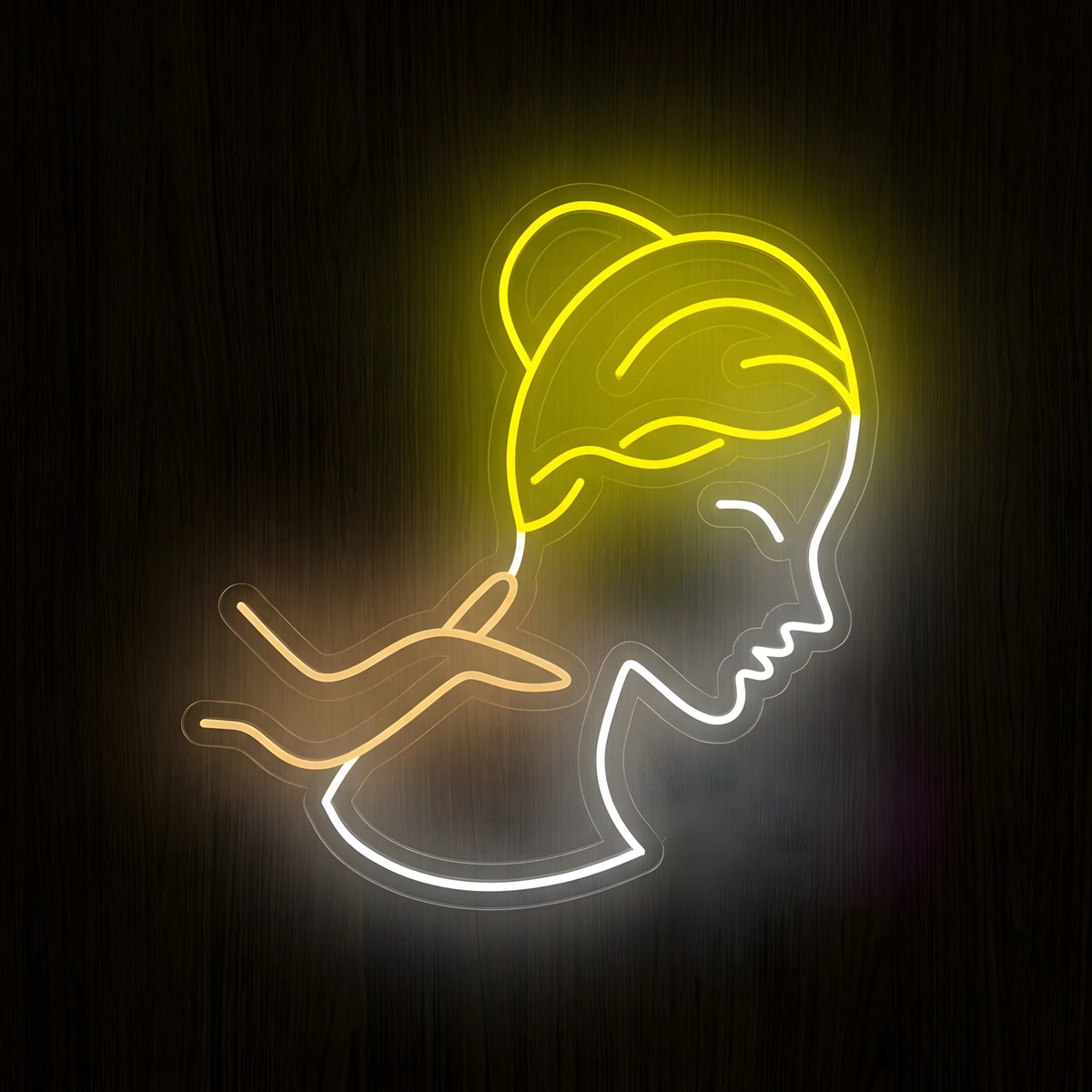 Neck Pain Relief LED neon sign featuring a woman's side profile with yellow hair, peach-colored hand near the neck, and cool white outline on clear acrylic backing for chiropractic clinic wall decor.