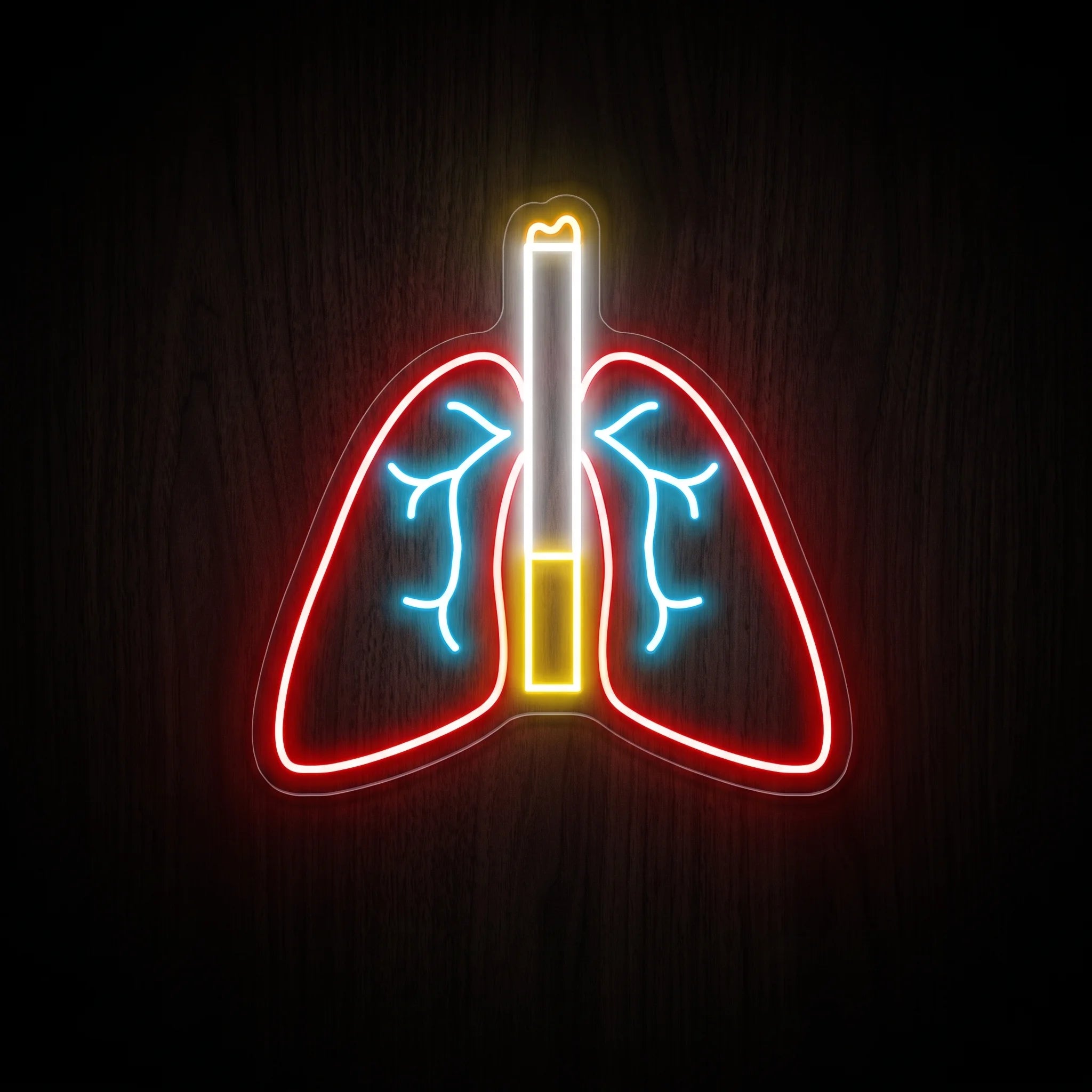 Neon Lungs & Joint LED neon sign featuring glowing red lungs with blue bronchial details and a lit joint in the center mounted on a clear acrylic backboard.