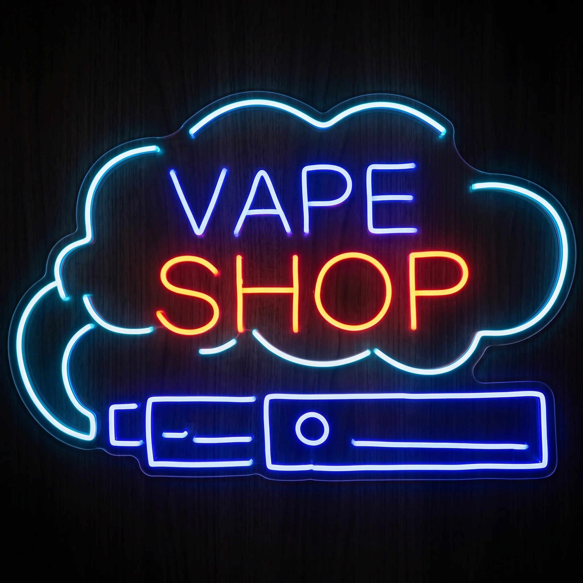 Neon Vape Shop Cloud LED neon sign featuring a vapor cloud outline, colorful Vape Shop lettering, and a vape device on a clear acrylic backing.