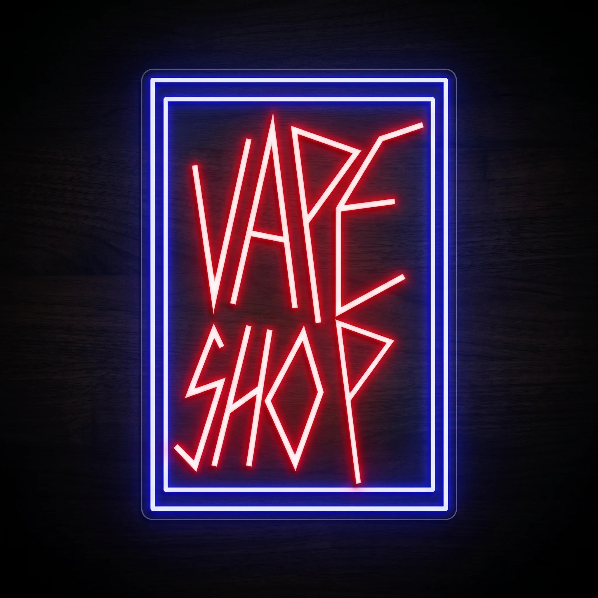 Modern Vape Shop LED neon storefront sign featuring bold geometric red lettering with a blue double-border frame on a clear acrylic backing.