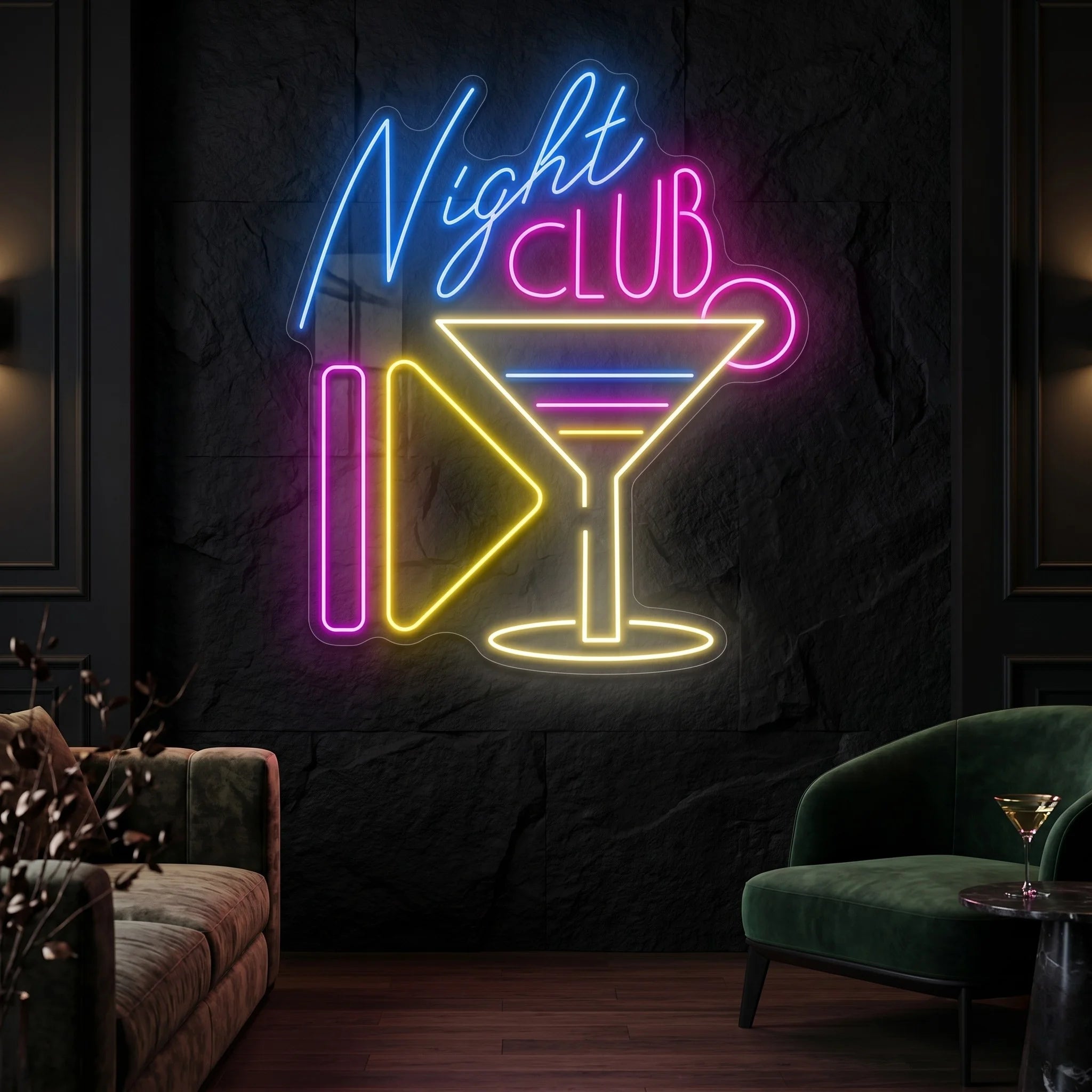 Photo of the 'Night Club' neon sign glowing in multi-color against a styled interior wall.