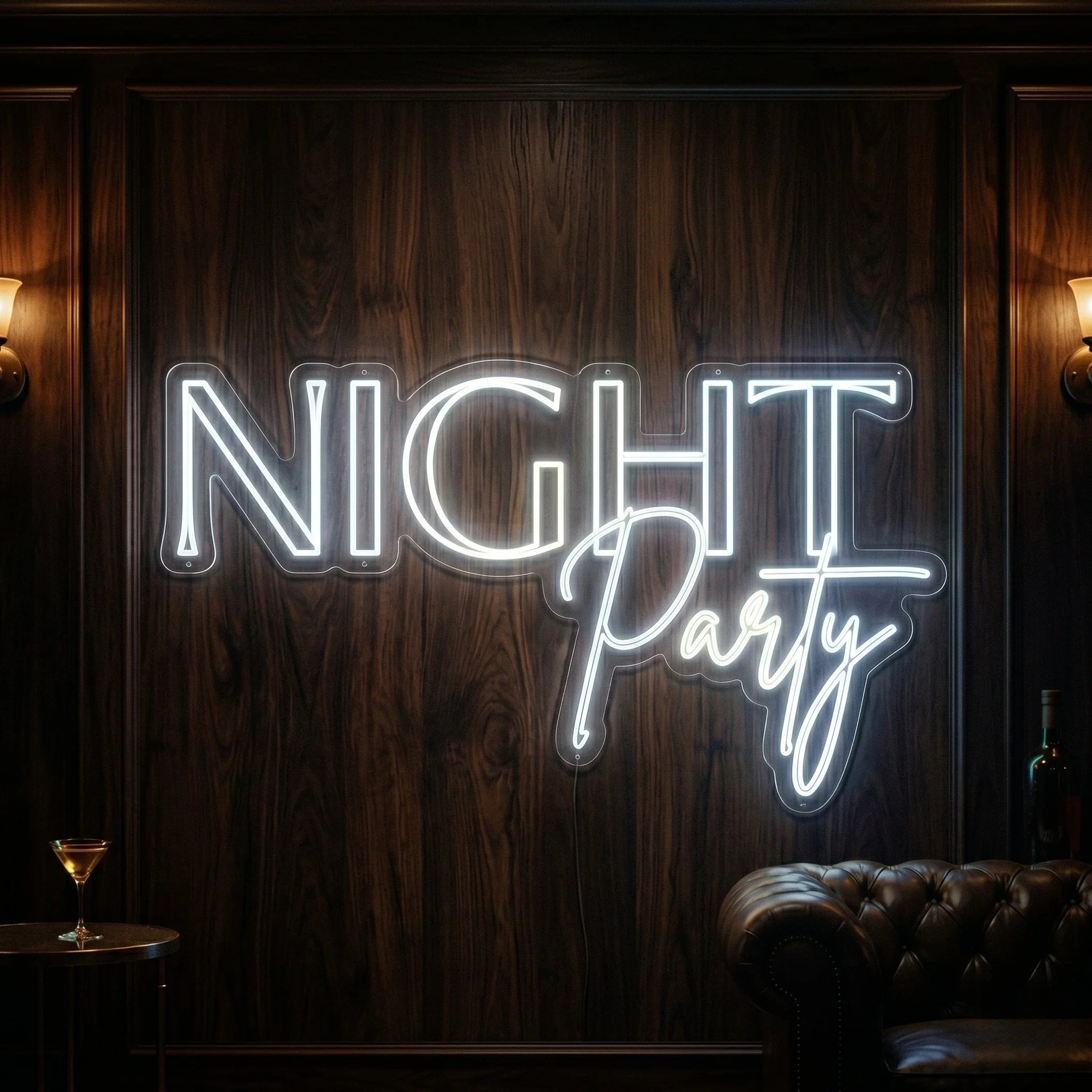 Photo of the 'Night Party' neon sign glowing in cool white against a styled interior wall.