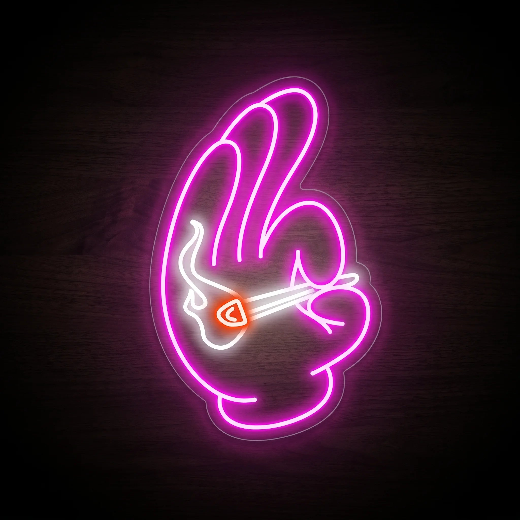 Pink peace hand gesture holding a lit joint LED neon sign mounted on a precision-cut clear acrylic backing.