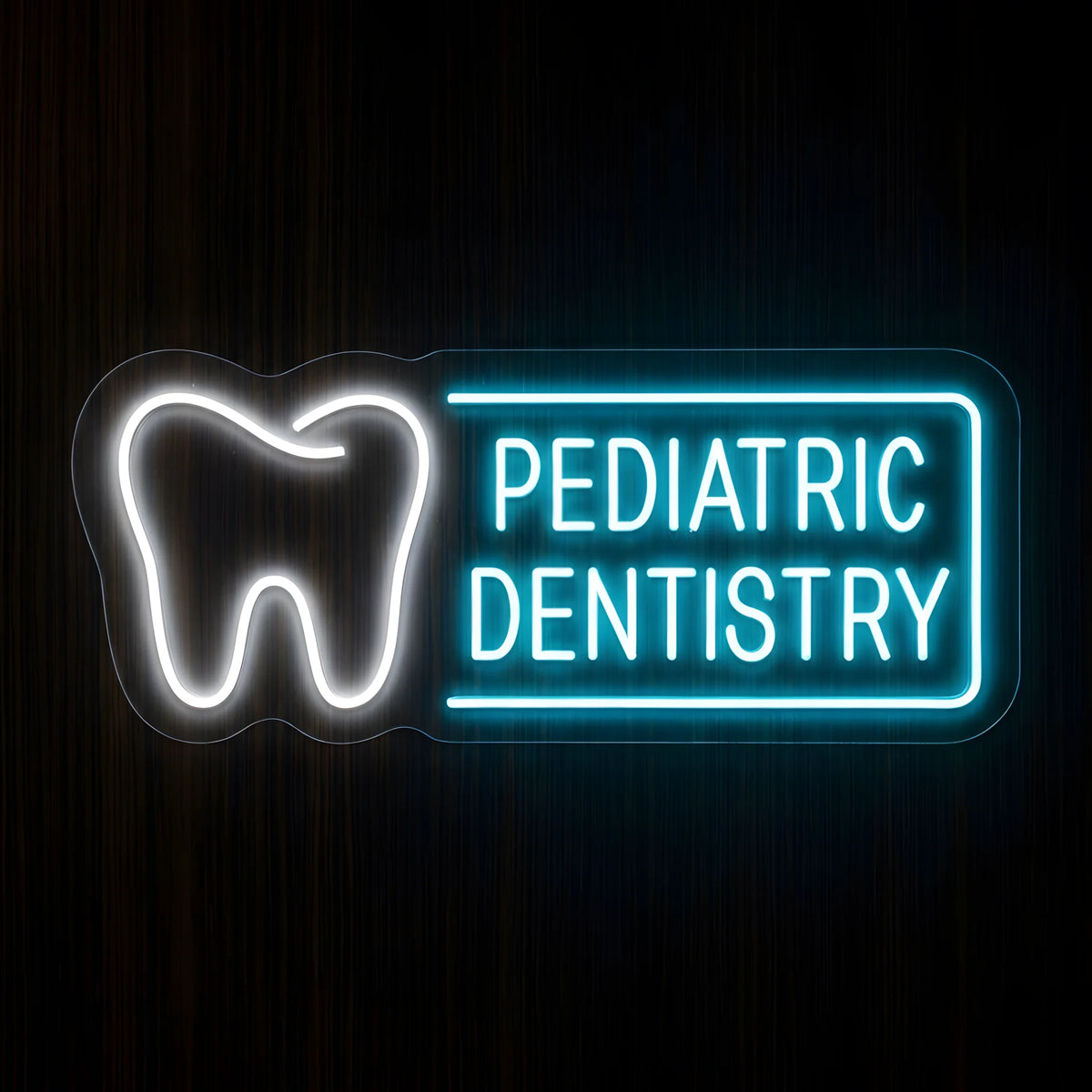 Pediatric Dentistry LED neon sign featuring a glowing cool white tooth outline beside bright cyan-blue PEDIATRIC DENTISTRY lettering inside a rectangular neon border on clear acrylic backing for children's dental clinic decor.