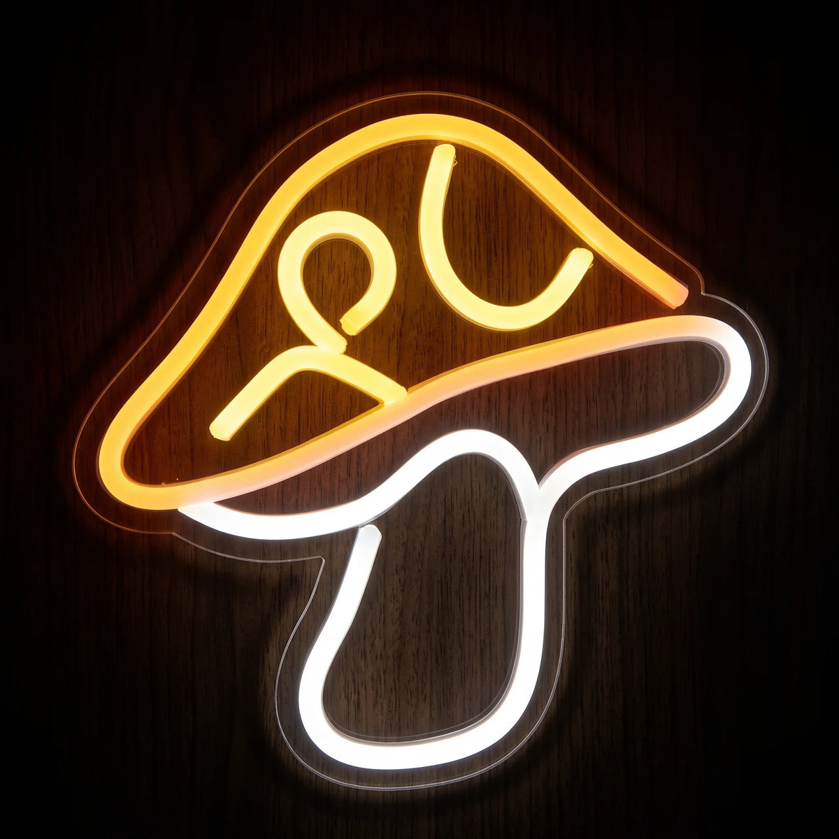 Perky Mushroom LED neon sign featuring a playful mushroom outline glowing in warm yellow and white on clear acrylic backing.