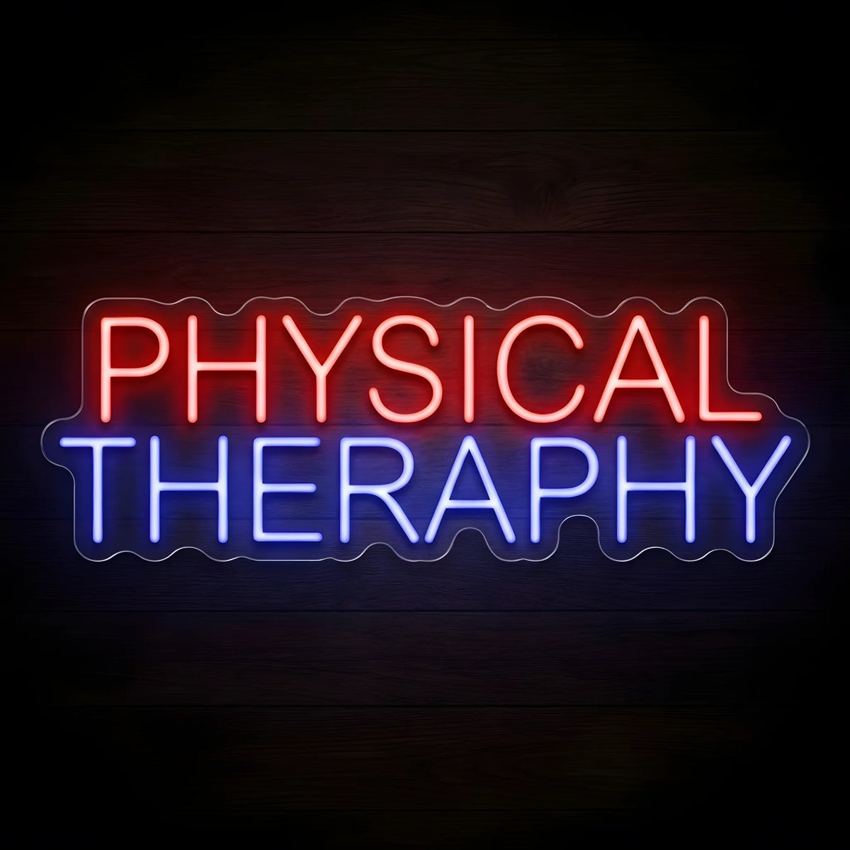 Physical Therapy LED neon sign featuring red and blue uppercase lettering on clear acrylic backing for physiotherapy clinics, rehabilitation centers, and healthcare office wall decor.
