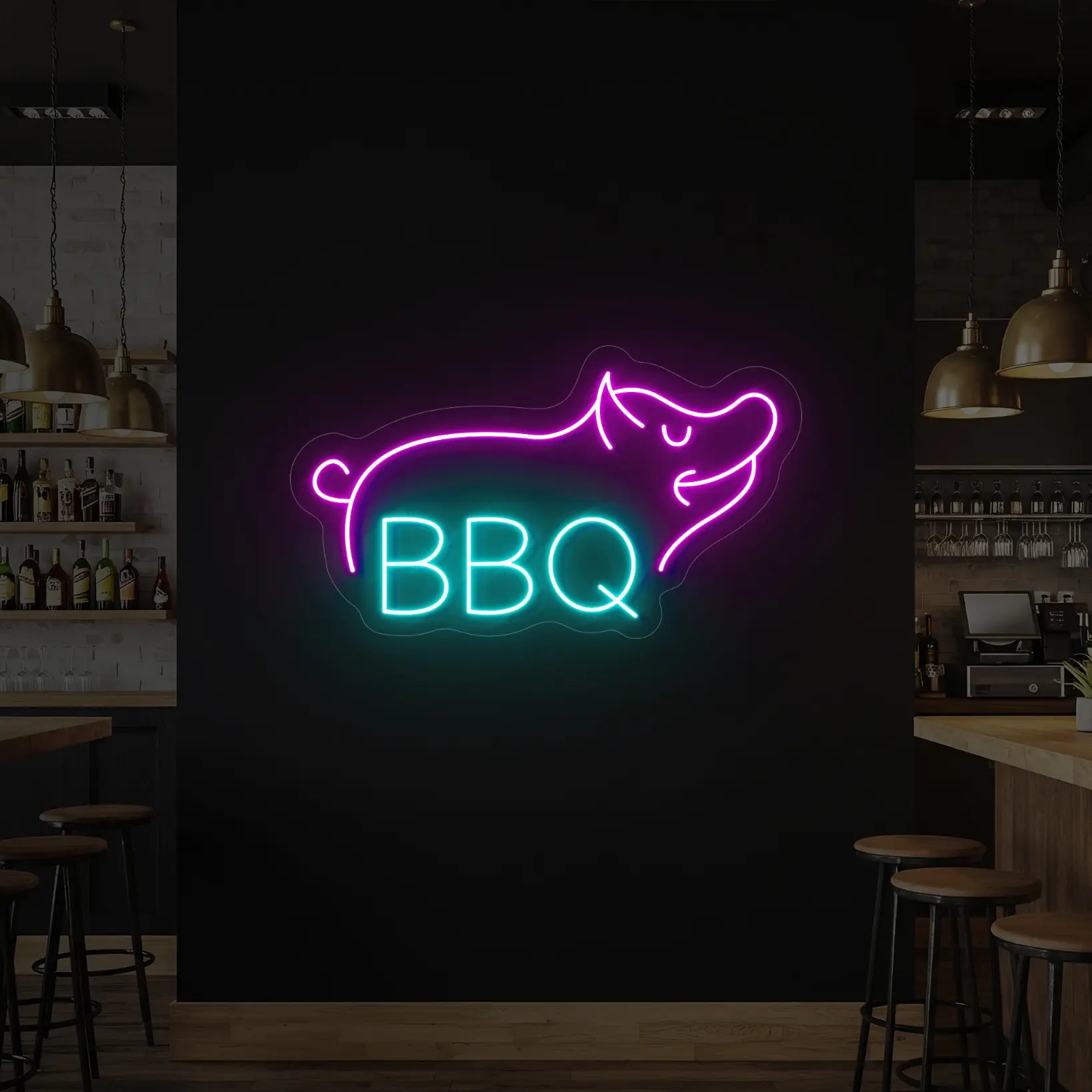 Photo of the 'BBQ' neon sign with pig outline glowing in ice blue and light pink against a styled interior wall.