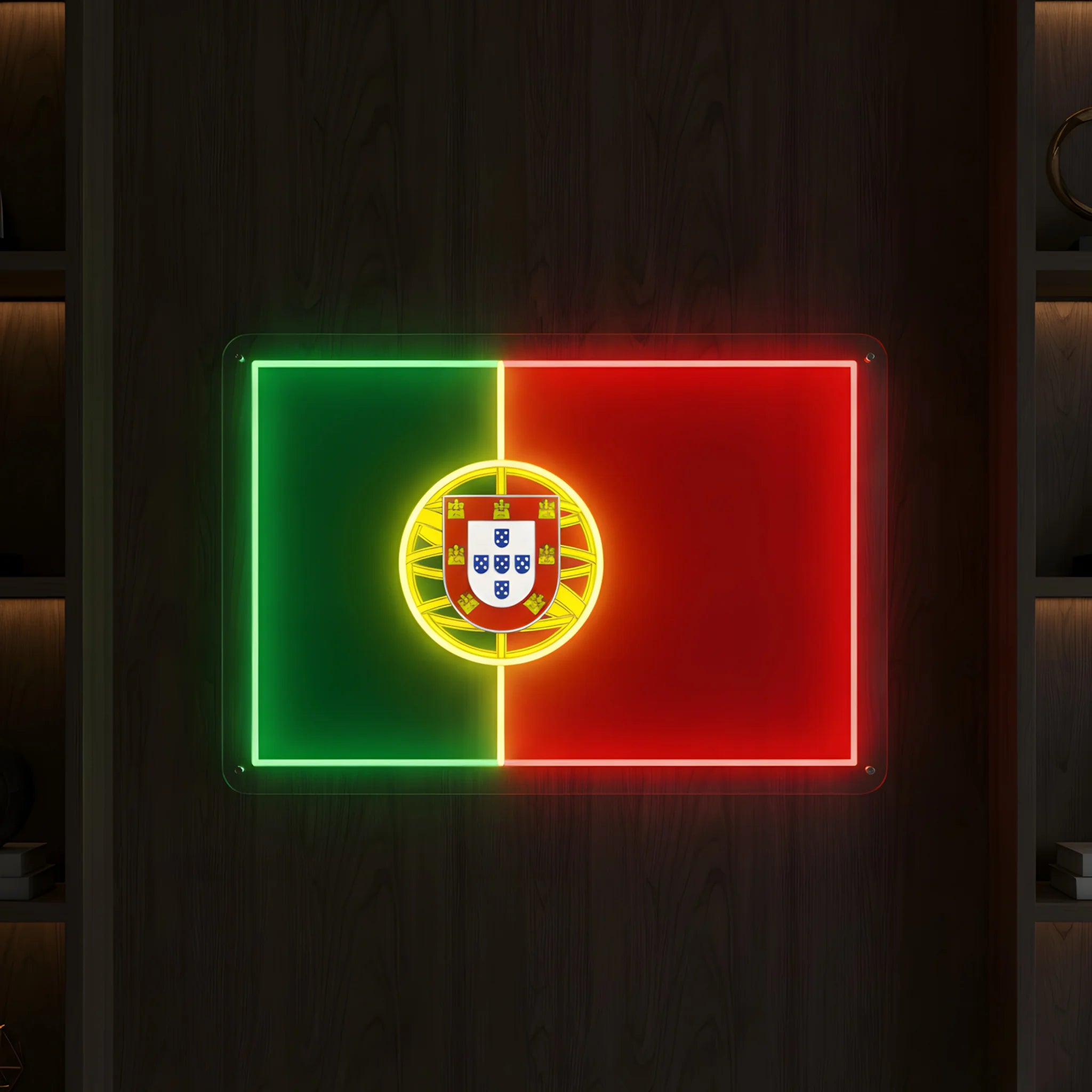 Portugal Flag Printed Artwork LED Neon Sign featuring the Portuguese flag with illuminated green, red, and golden details mounted on clear acrylic backing.