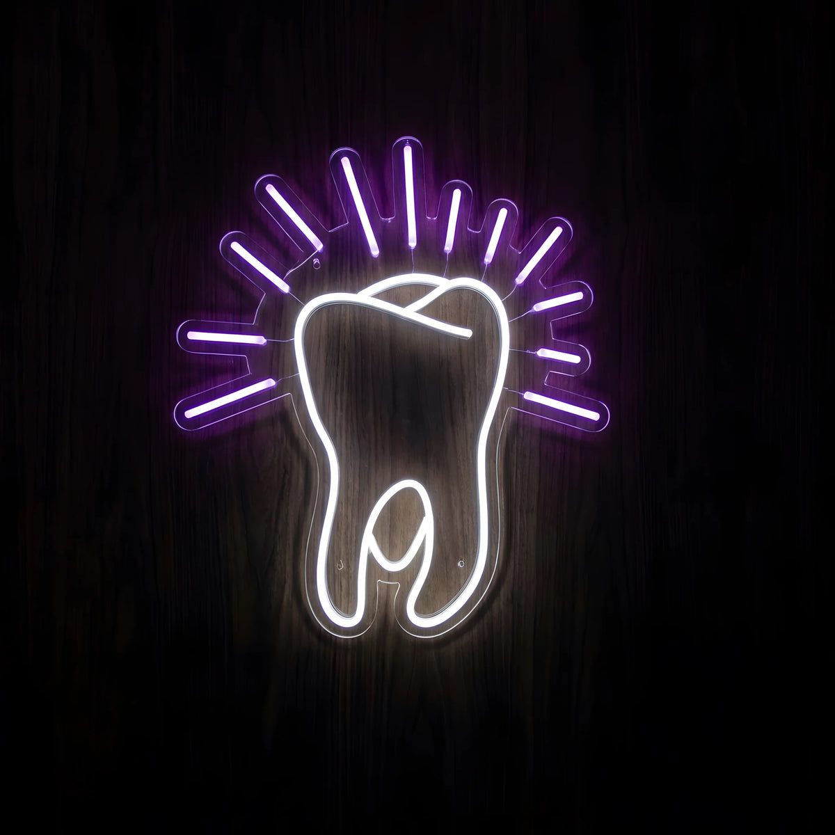 Radiant Tooth LED neon sign featuring a glowing cool white tooth outline surrounded by purple radiating light accents on clear acrylic backing for dental clinic and cosmetic dentistry wall decor.