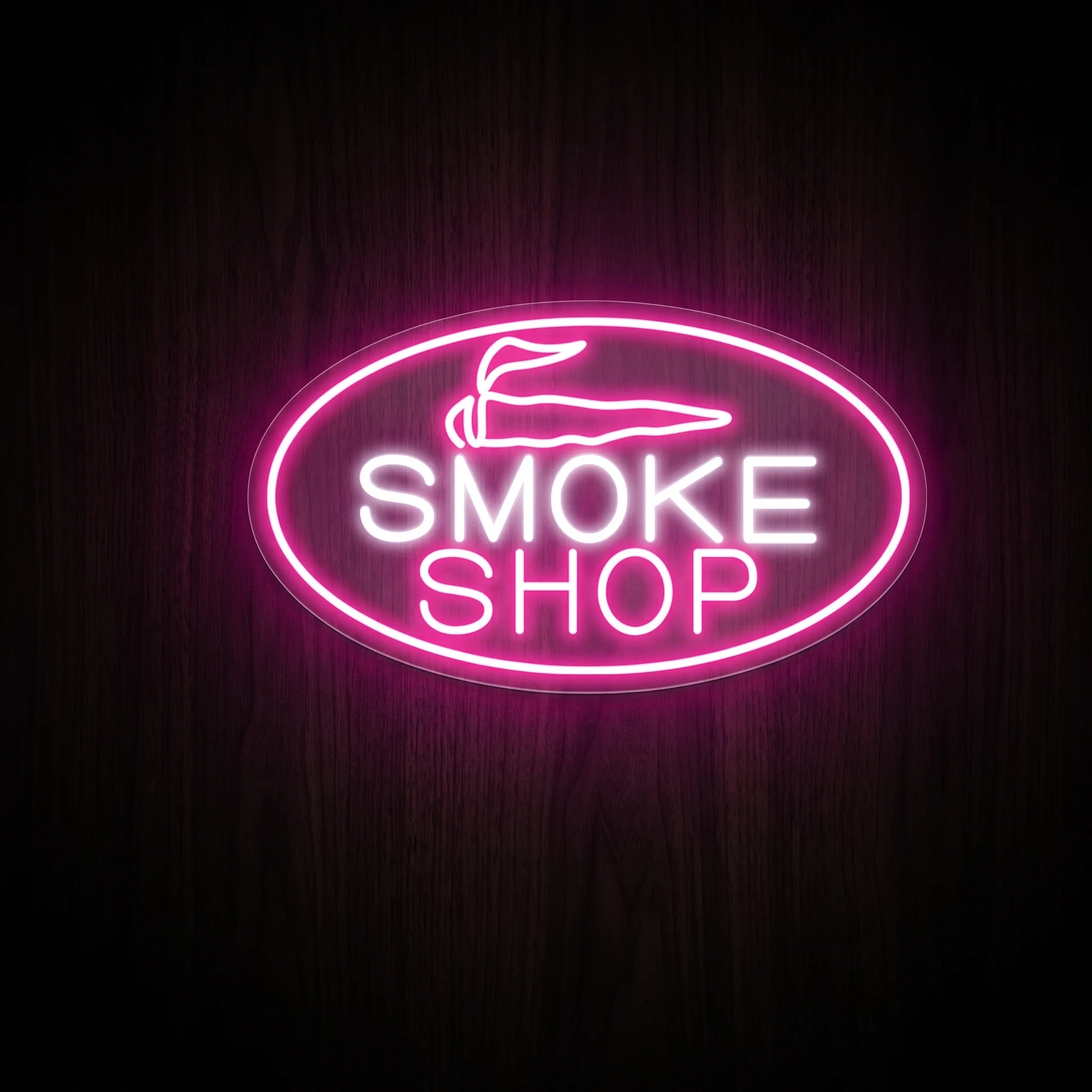 Retro Smoke Shop oval LED neon sign featuring bold white lettering, a pink oval border, and a minimalist pre-roll icon on a clear acrylic backing.