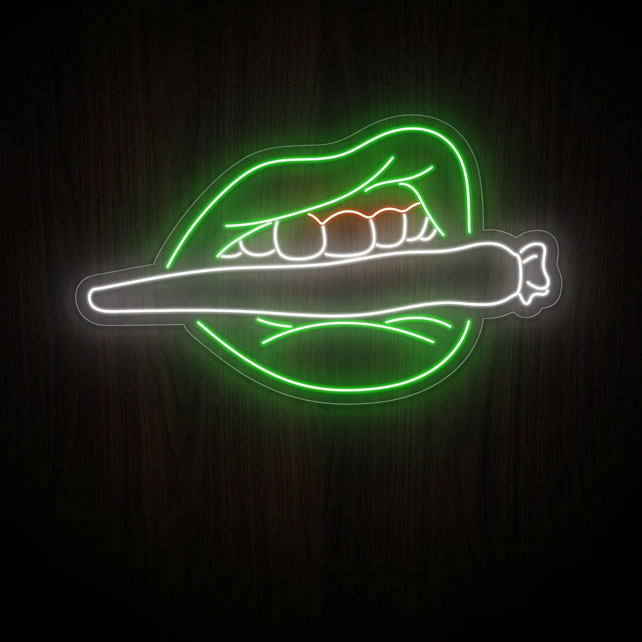 Roll Me Up LED neon sign featuring green lips holding a white pre-roll on a clear acrylic backing.