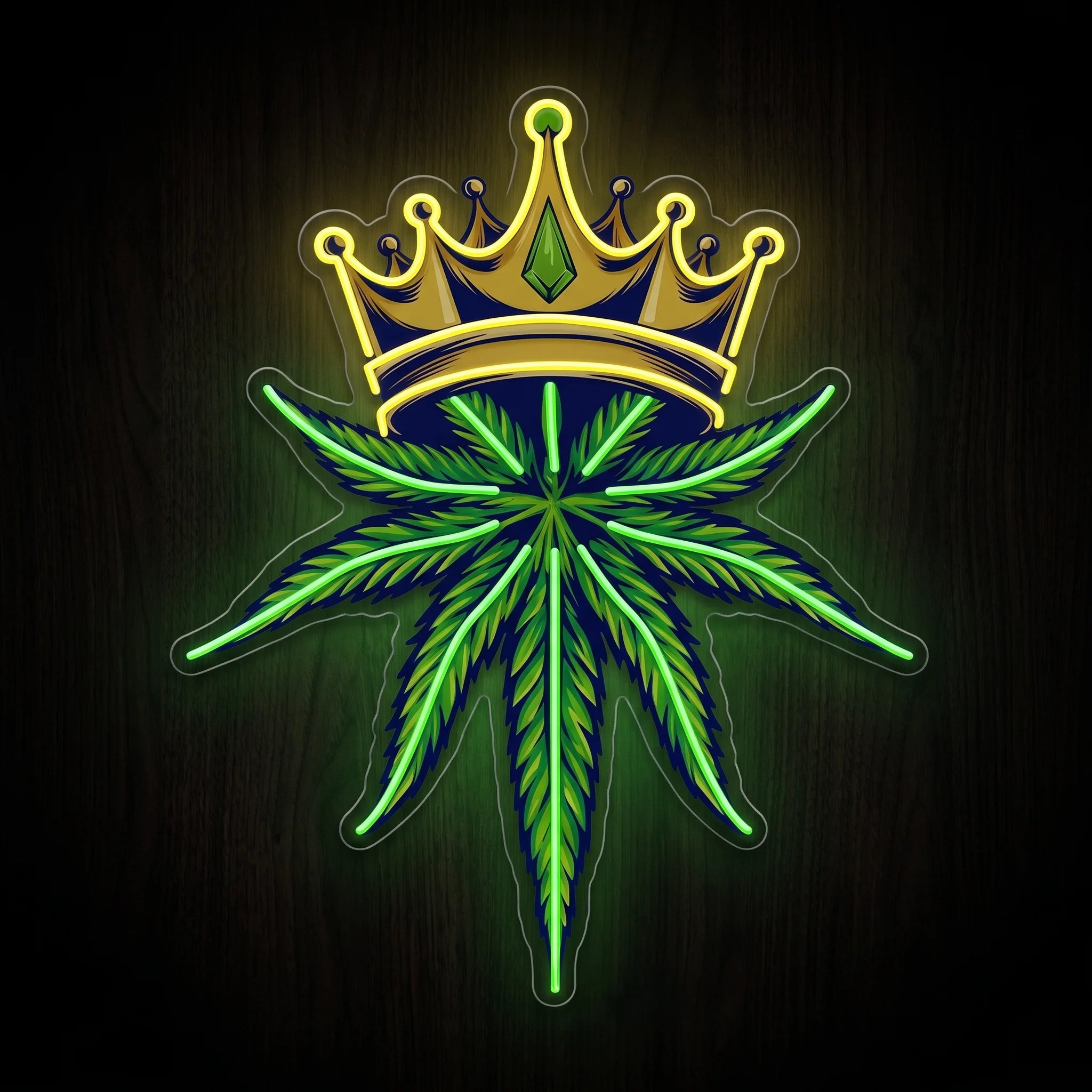 Royal Cannabis Crown LED neon sign featuring a gold crown above a vibrant green cannabis leaf mounted on a precision-cut clear acrylic backing.