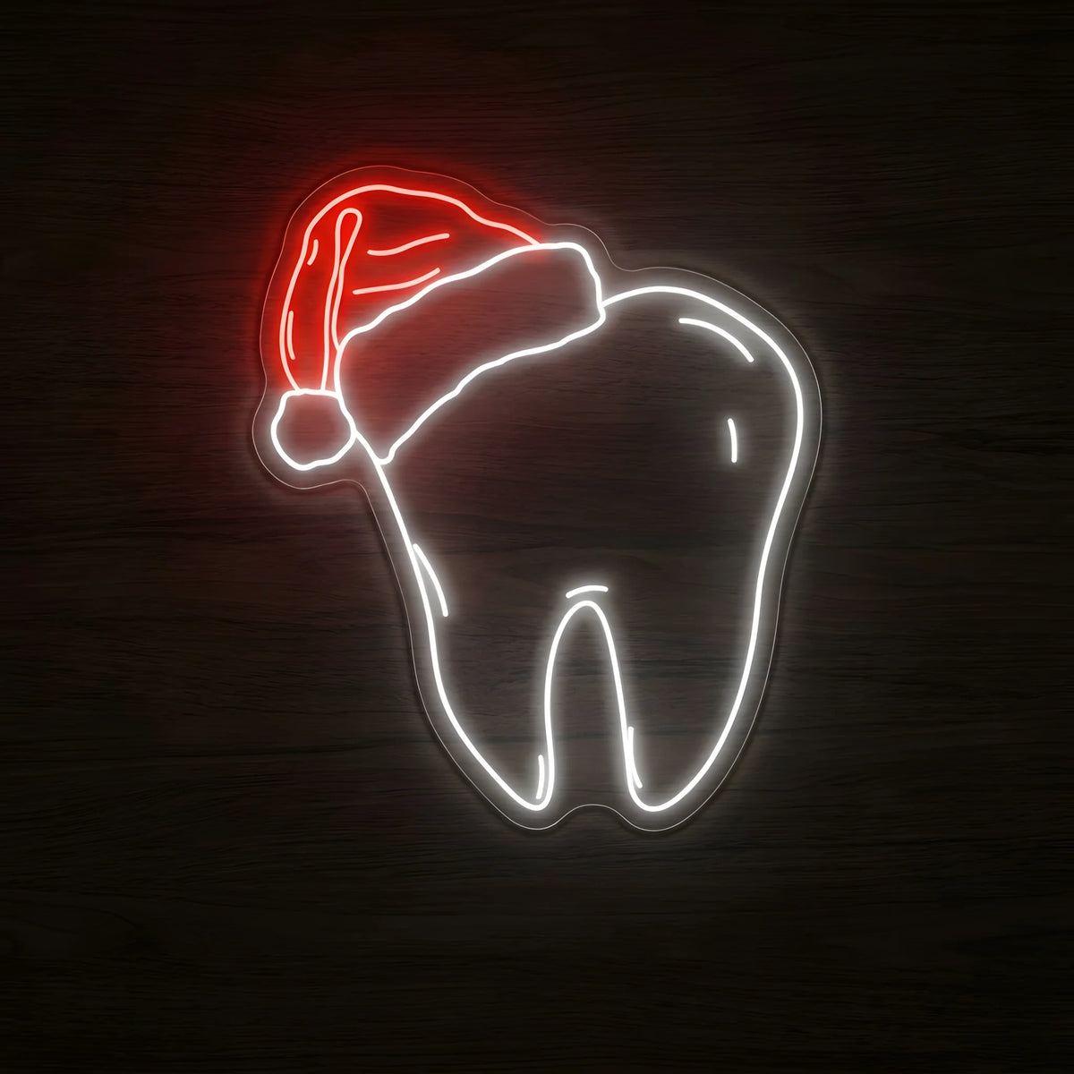 Santa Hat Tooth LED neon sign featuring a glowing cool white tooth wearing a red Santa hat with white trim and pom-pom on clear acrylic backing for Christmas dental office decor.