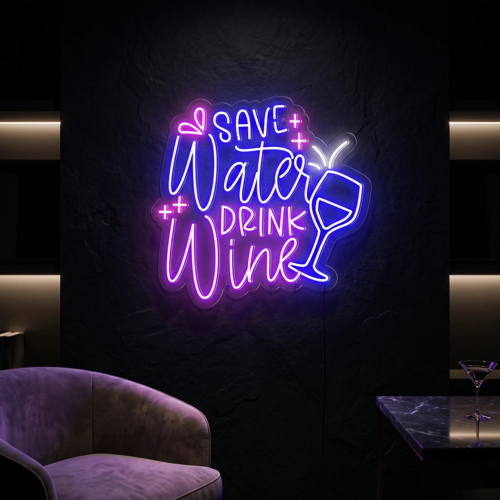 Photo of the 'Save Water Drink Wine' neon sign glowing in multi-color against a stylish wine bar-inspired wall.
