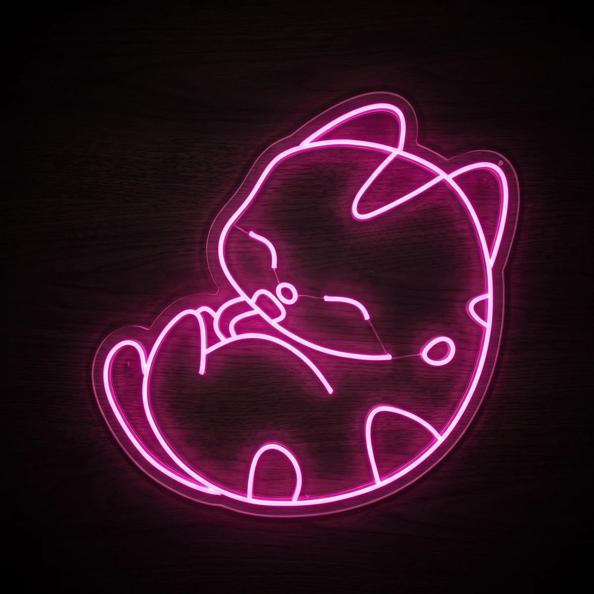 Sleeping Kitty LED neon sign featuring a curled-up sleeping cat design glowing in bright pink on clear acrylic backing.
