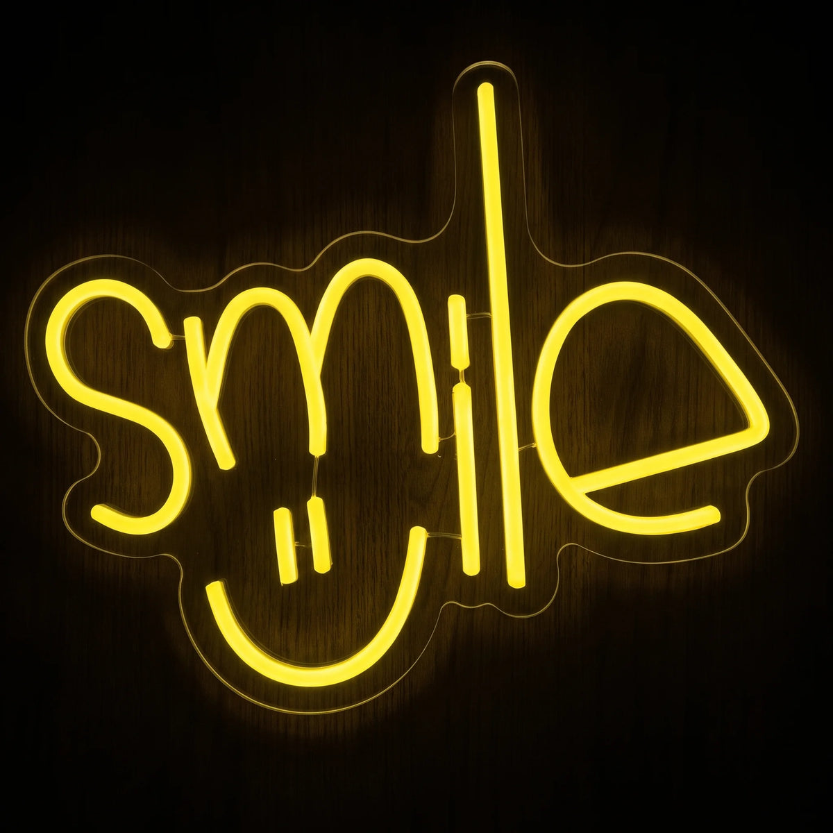 Smile Face LED Neon Sign featuring bright yellow Smile lettering creatively designed with a playful smiling face.