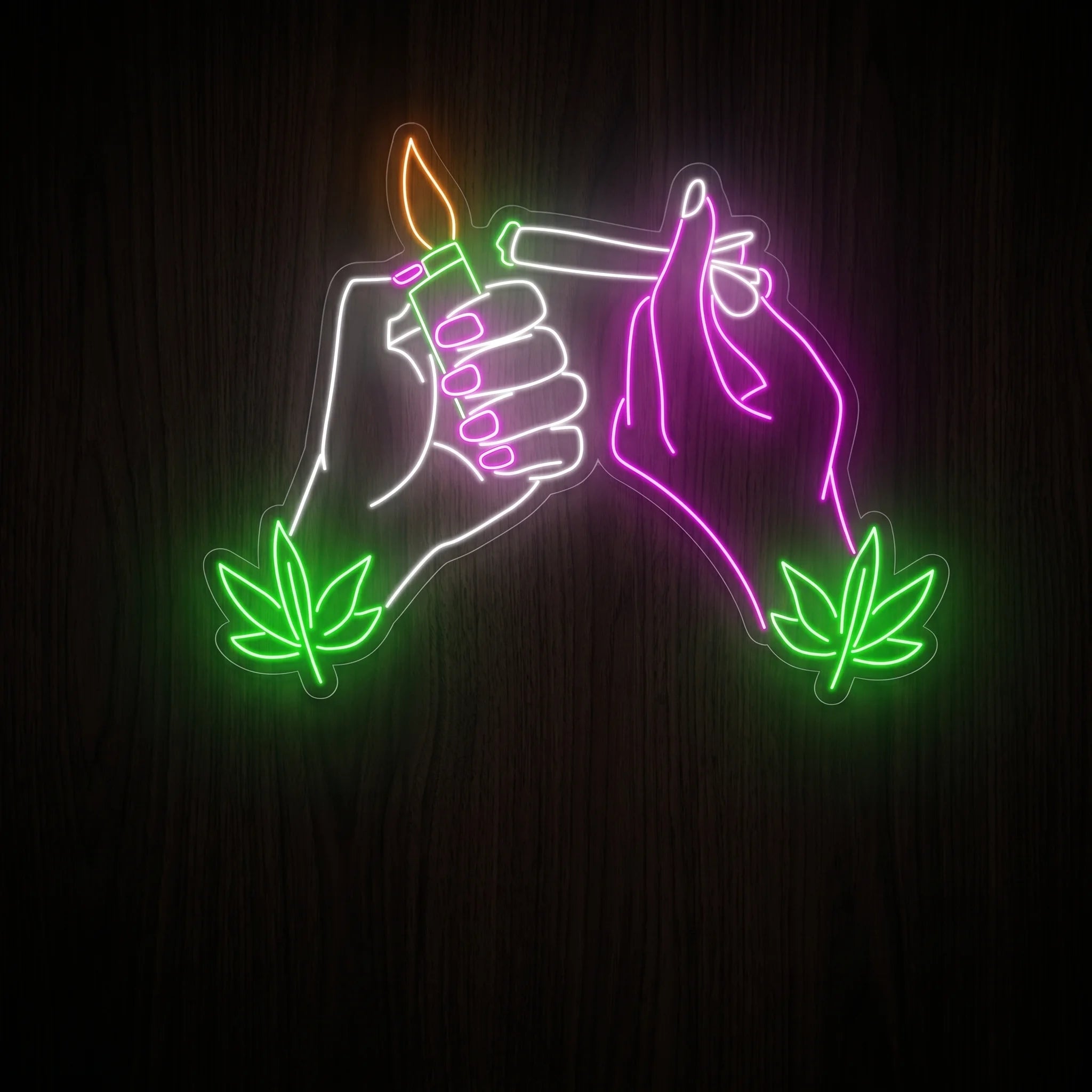 Smoke Session Cheers LED neon sign featuring two hands holding a lighter and a rolled joint with glowing cannabis leaf accents on a precision-cut clear acrylic backing.