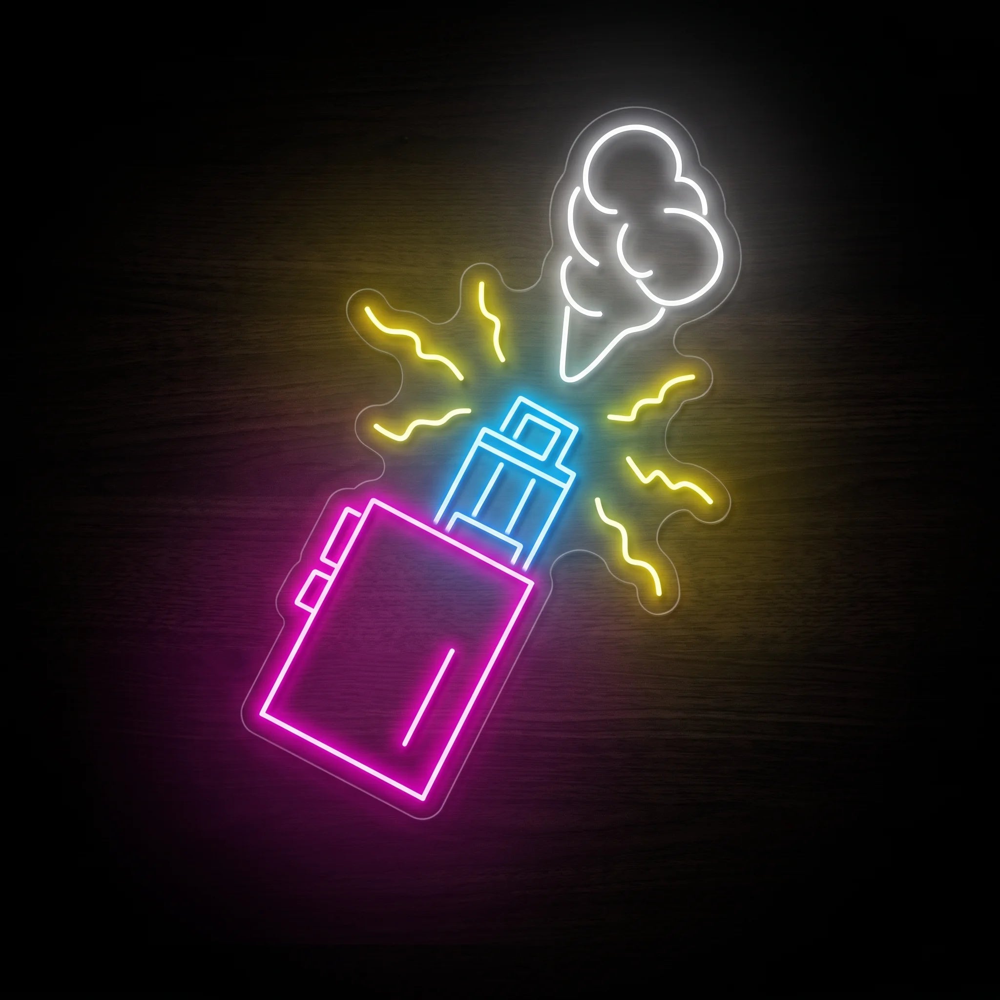 Smoking Vape Device LED neon sign featuring a colorful vape device releasing a cloud of vapor on a precision-cut clear acrylic backing.