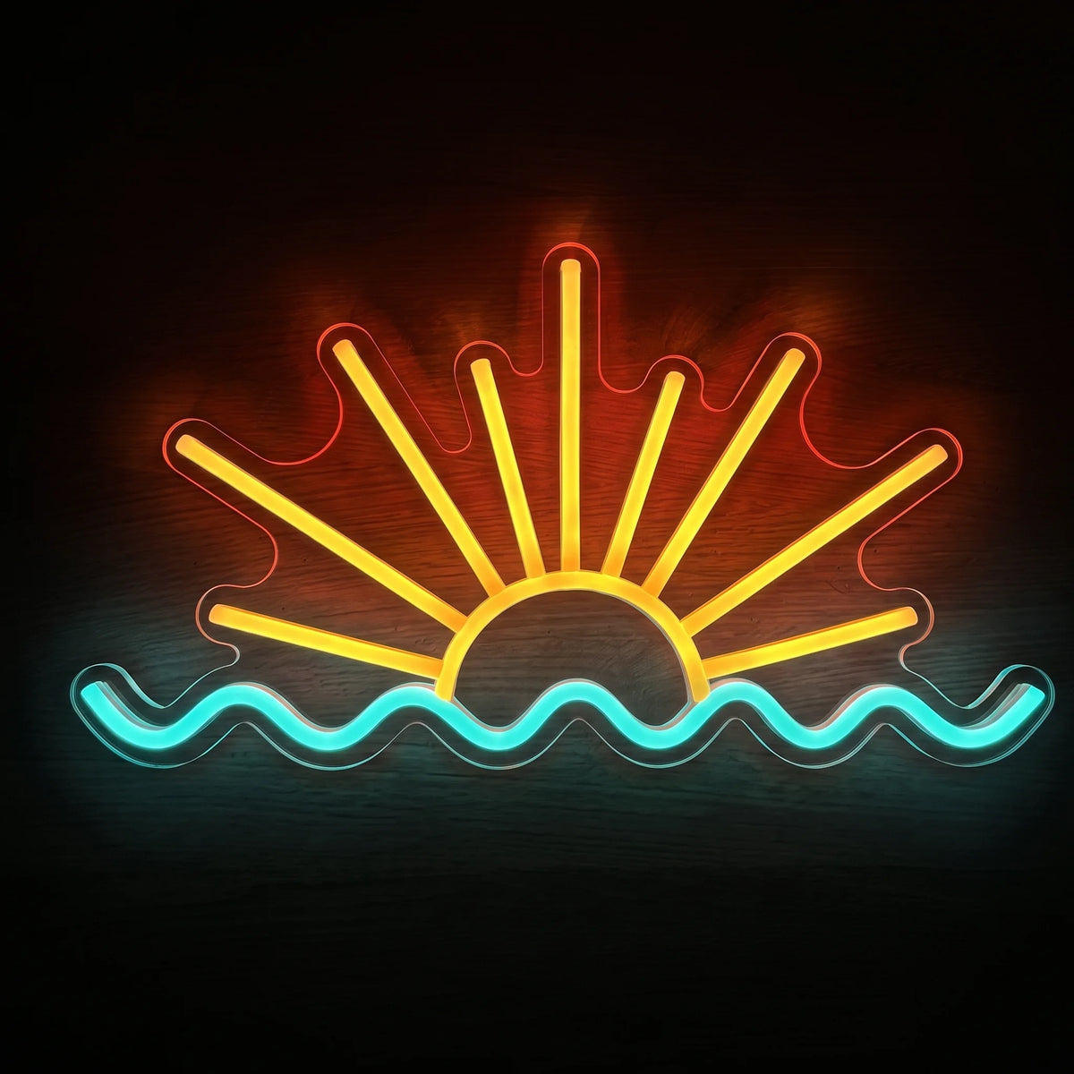 Sunrise Waves LED neon sign with yellow-orange sun rays and aqua blue ocean waves on clear acrylic backing.