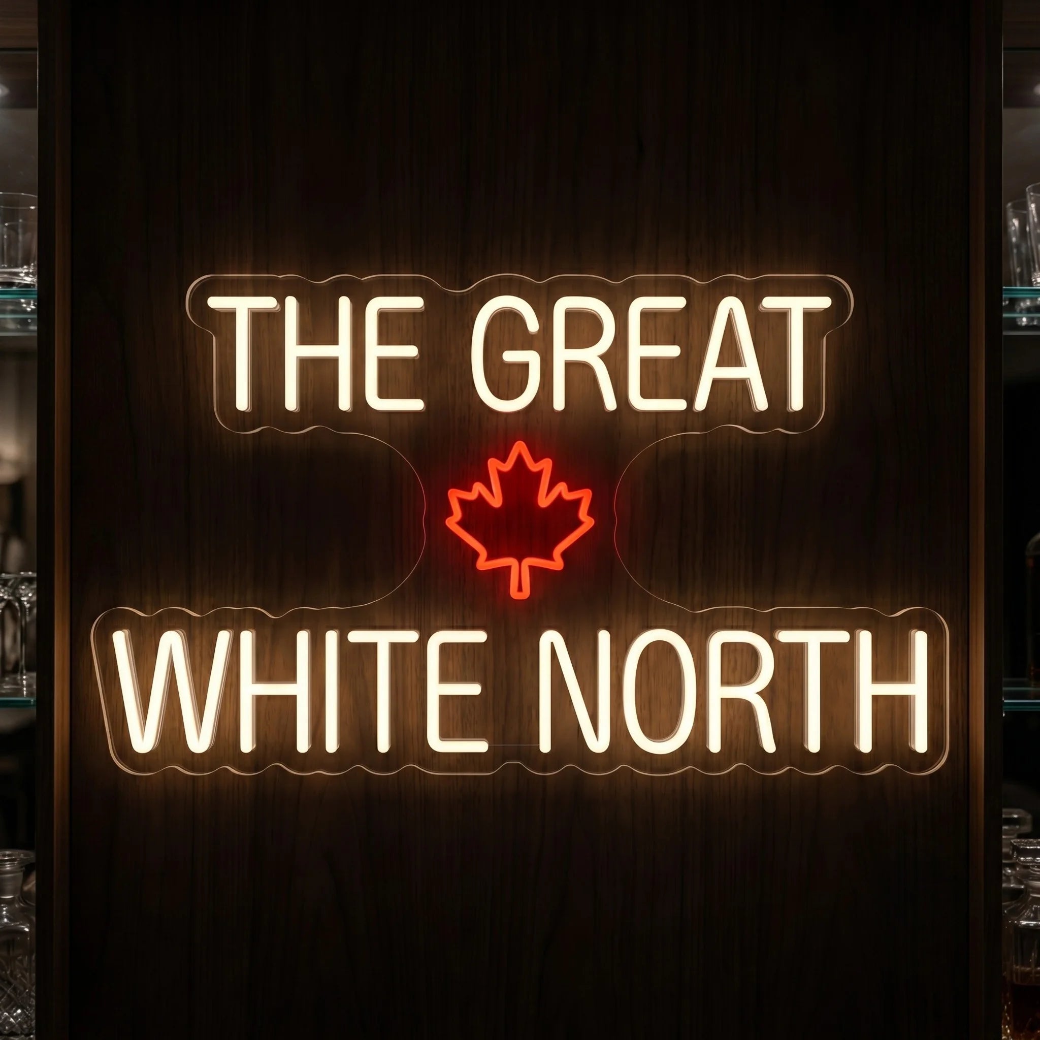 The Great White North LED neon sign featuring illuminated Canada-inspired lettering and maple leaf