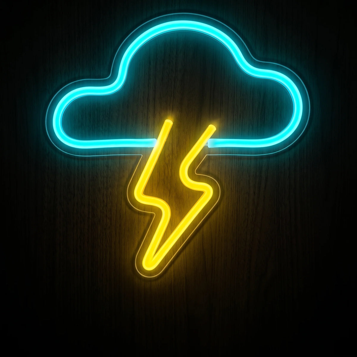 Thunderstorm Cloud LED neon sign with bright blue cloud outline and yellow lightning bolt.
