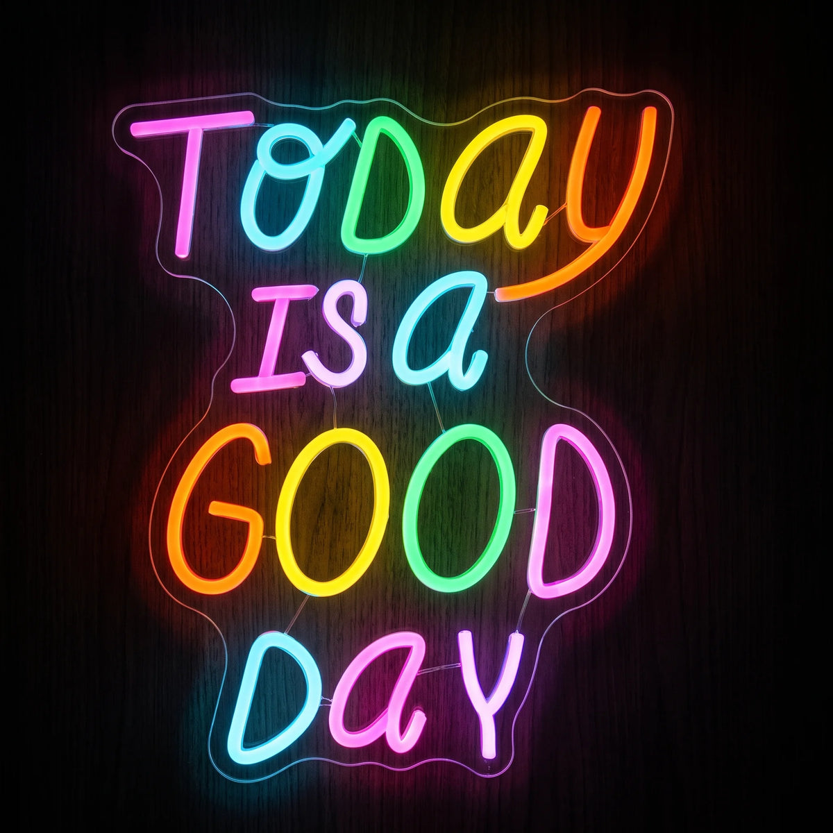 Today Is a Good Day LED Neon Sign featuring colorful multicolor lettering on clear acrylic backing.
