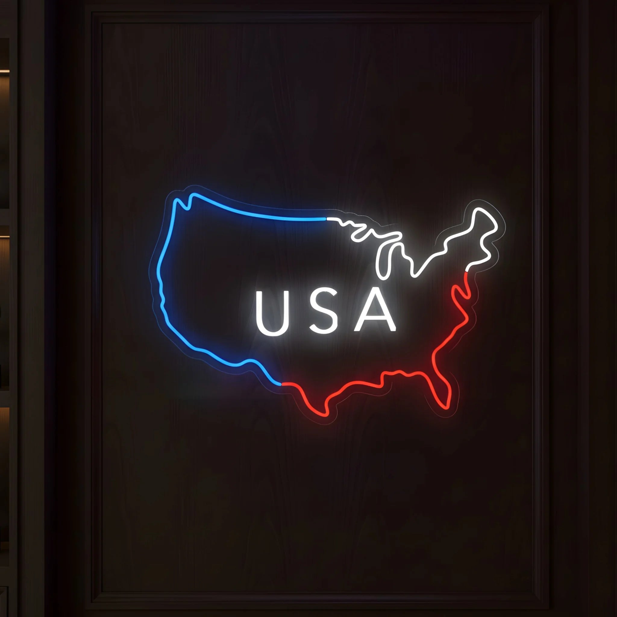 USA outline LED neon sign featuring patriotic red white and blue illuminated design