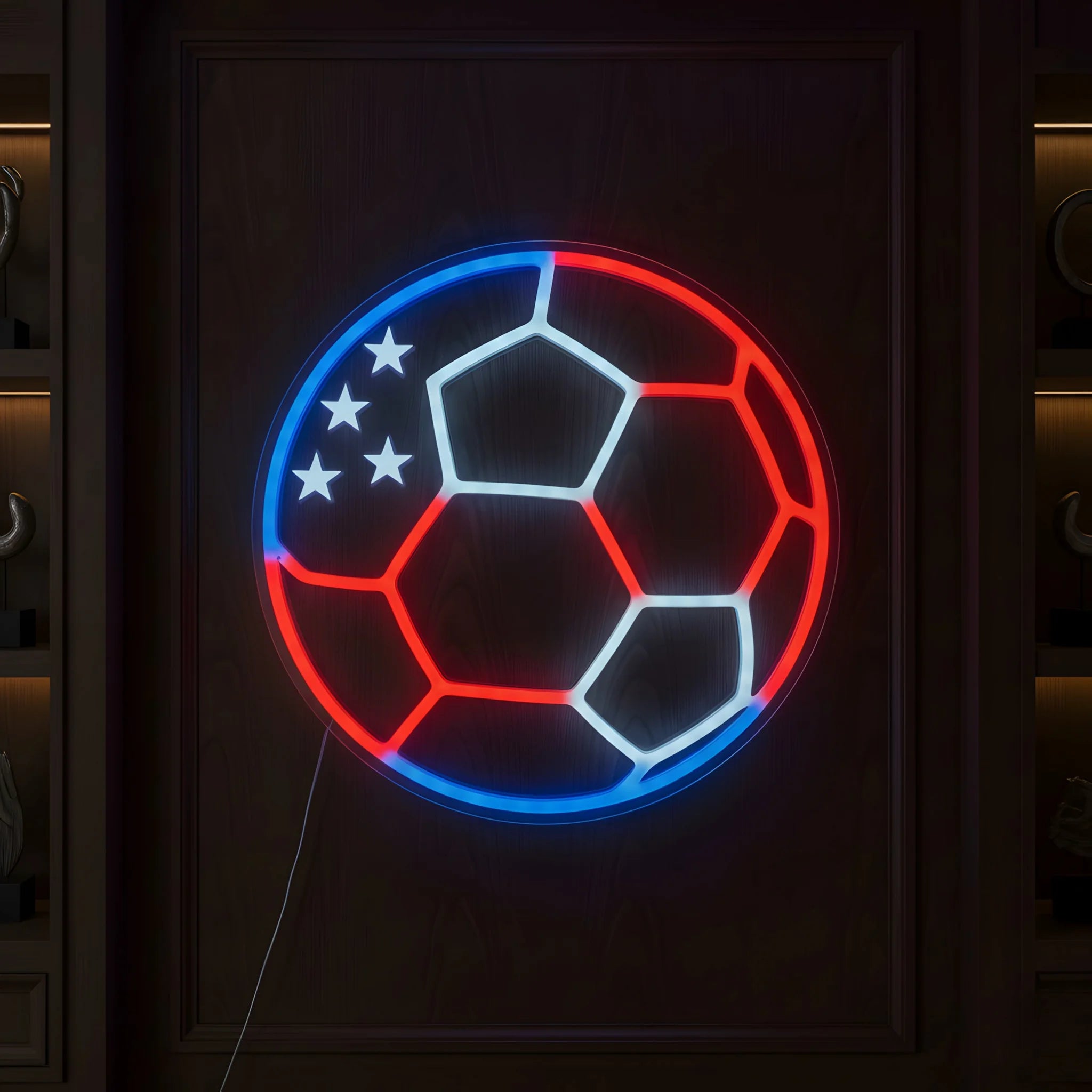 USA football ball LED neon sign featuring patriotic stars and red white blue football design