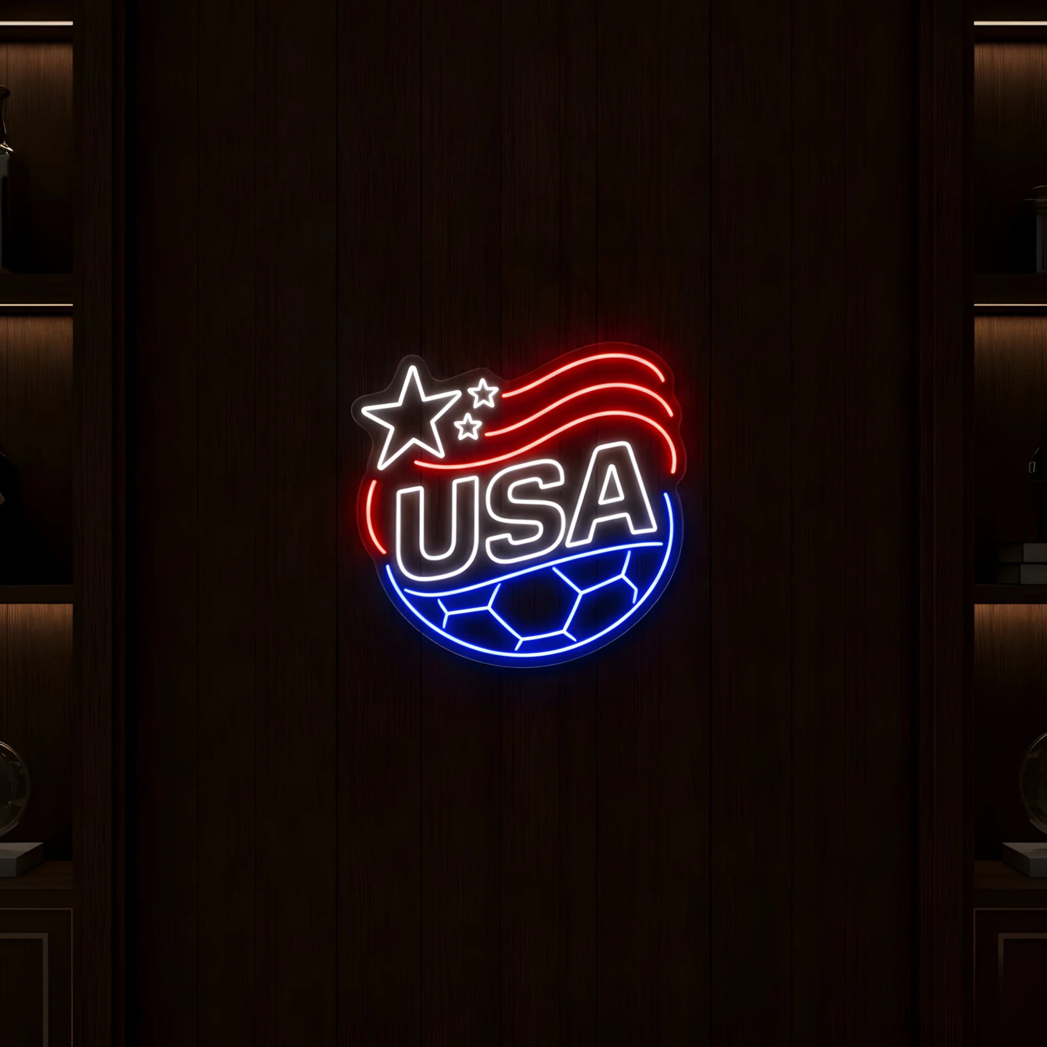 USA football crest LED neon sign featuring patriotic star banner and football design in red white and blue