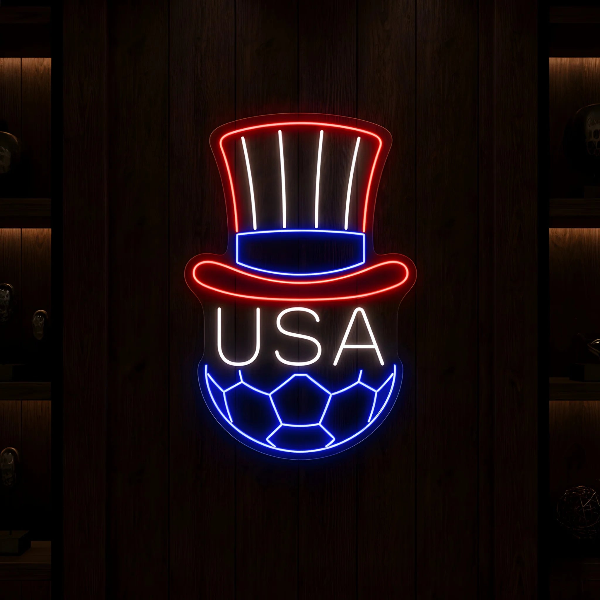 USA Uncle Sam football LED neon sign featuring patriotic top hat and football design in red white and blue