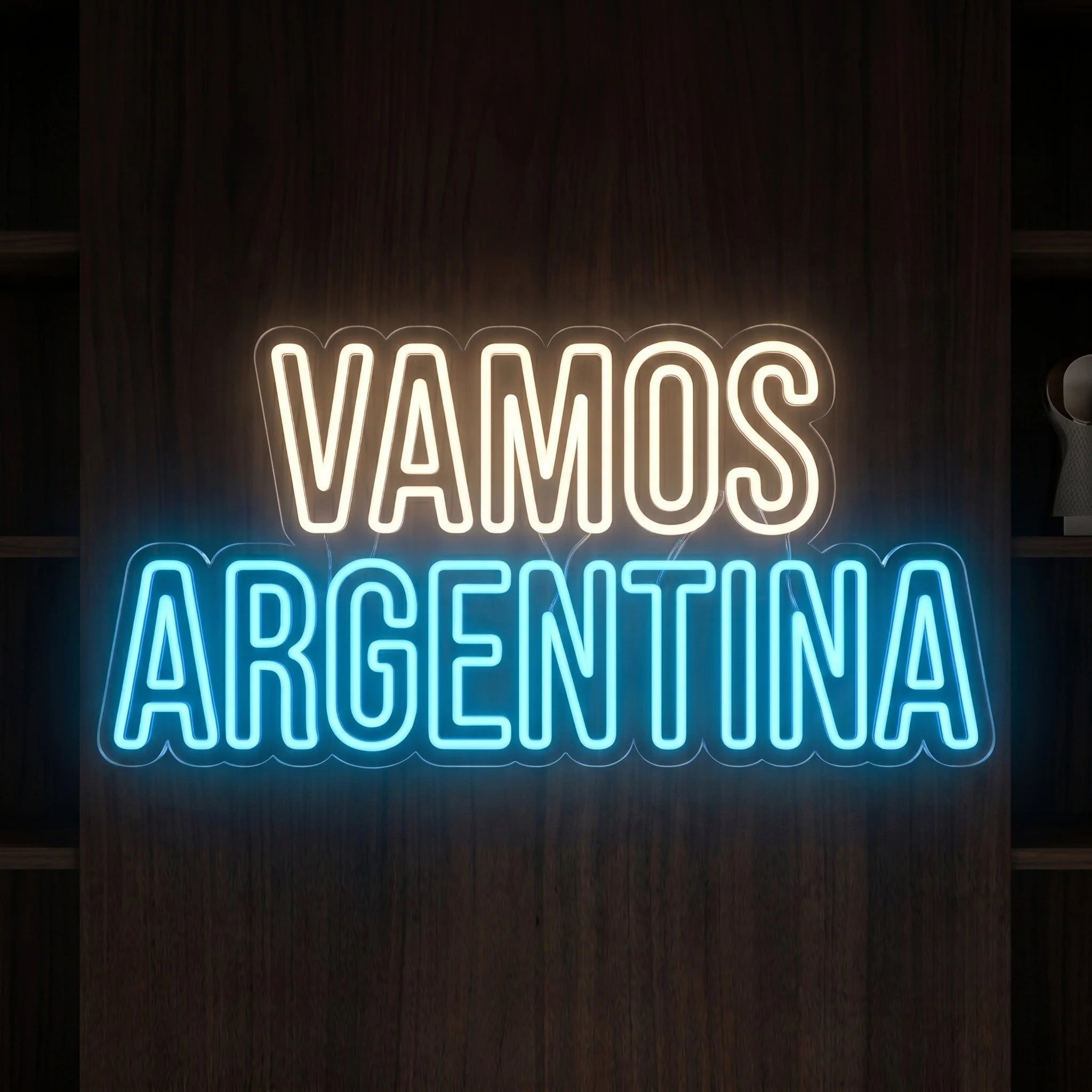 Vamos Argentina LED neon sign with blue and white illuminated lettering