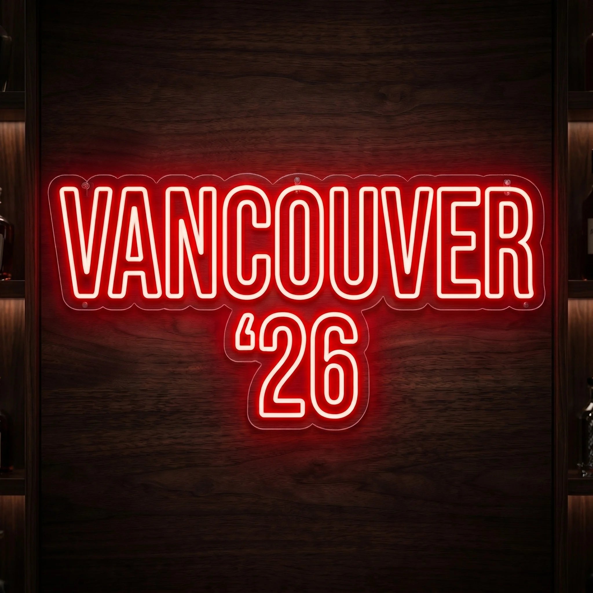Vancouver '26 LED neon sign in bright red mounted on clear acrylic backing