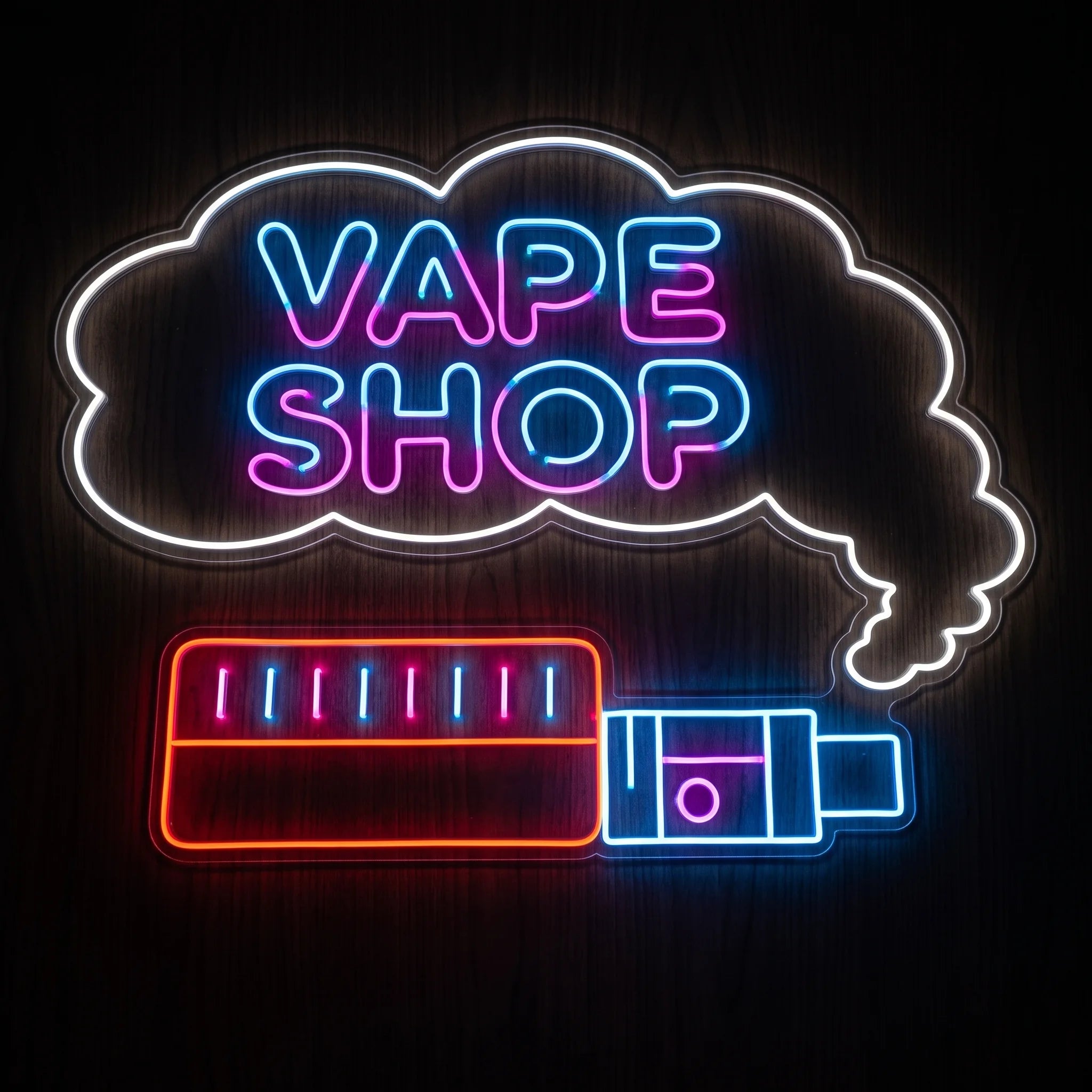 Vape Shop LED neon sign featuring colorful neon lettering inside a vapor cloud with a modern vape device illustration on a clear acrylic backing.
