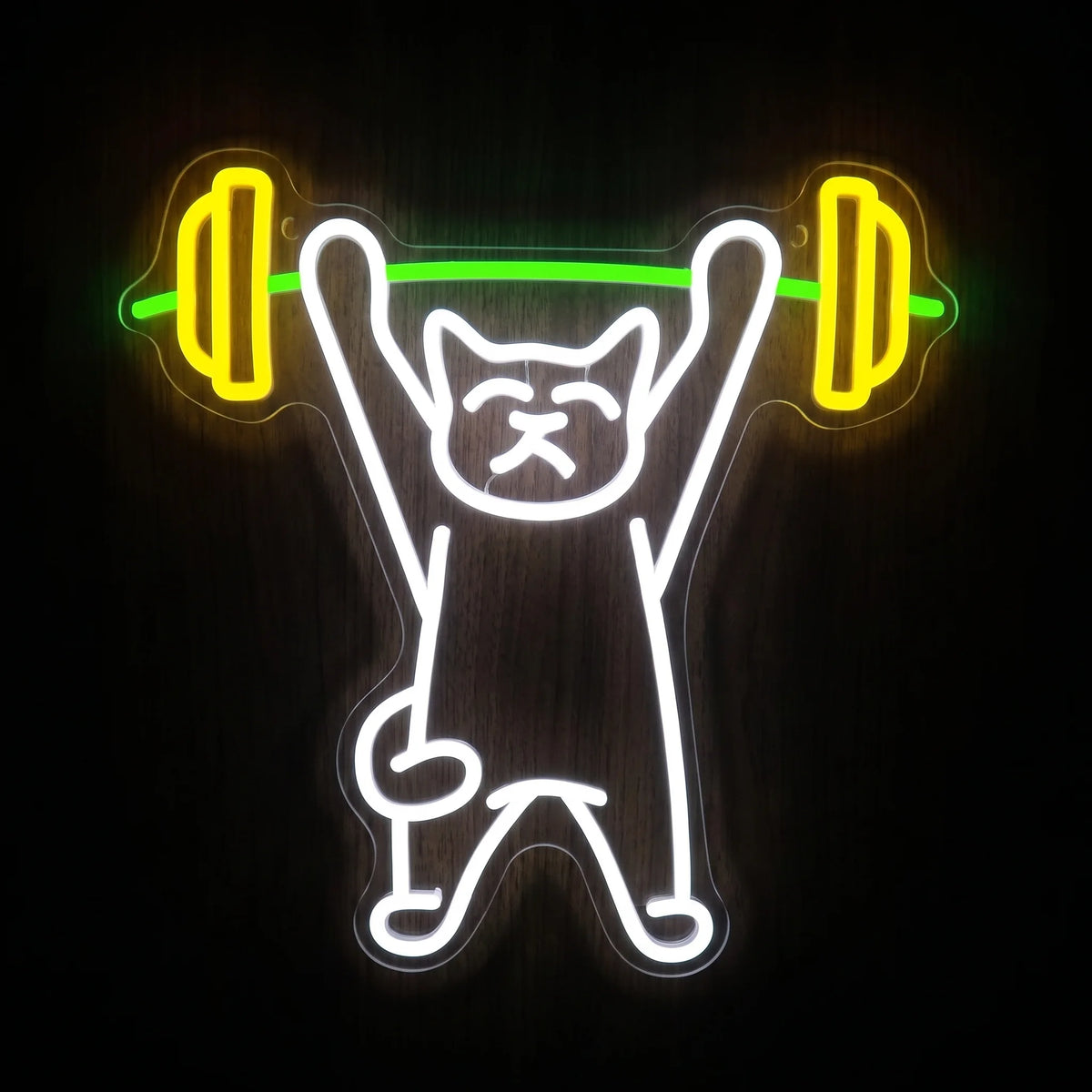 Weightlifting Cat LED Neon Sign featuring a white cat lifting a barbell with yellow weights and a green bar.