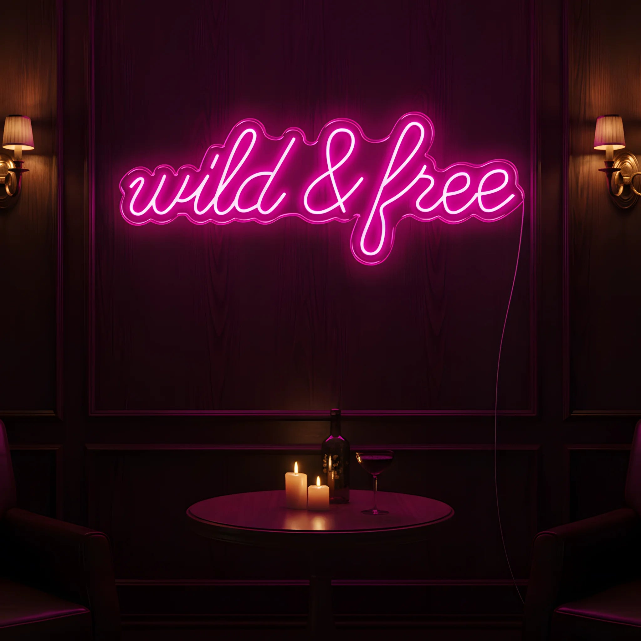 Photo of the 'Wild & Free' neon sign glowing in pink against a modern boho-inspired wall.