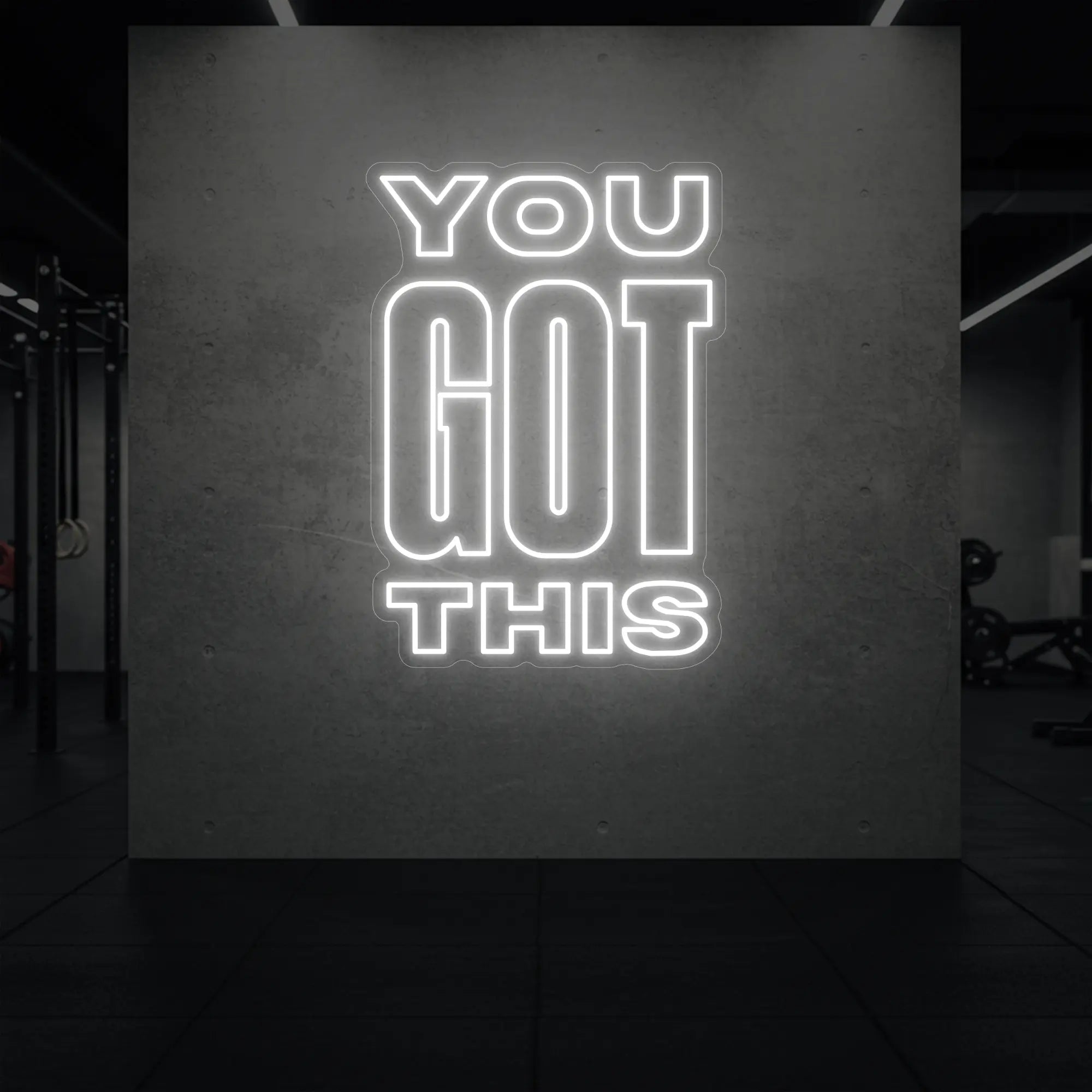 Photo of the 'YOU GOT THIS' neon sign glowing in cool white against a styled interior wall.