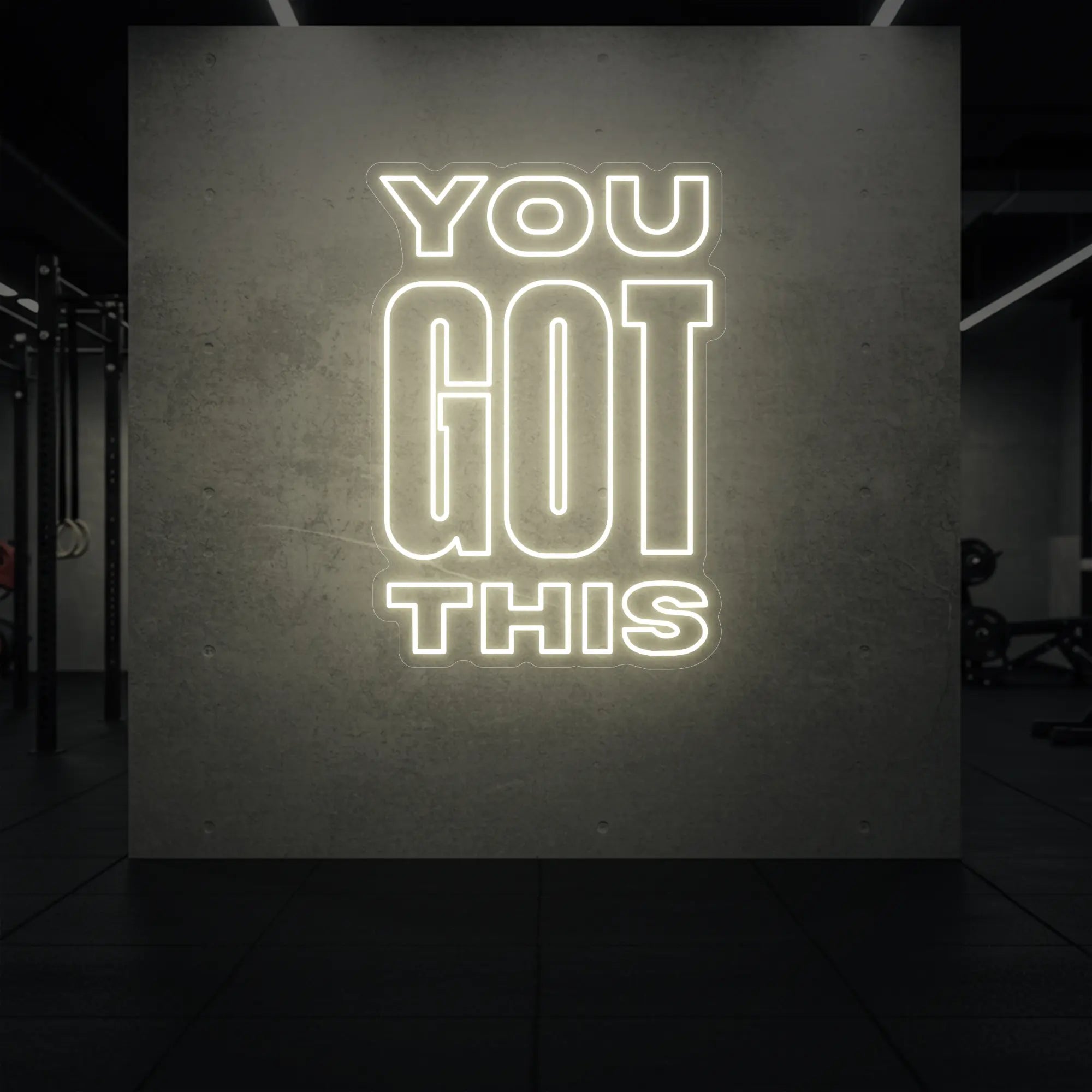 Photo of the 'YOU GOT THIS' neon sign glowing in warm white against a styled interior wall.